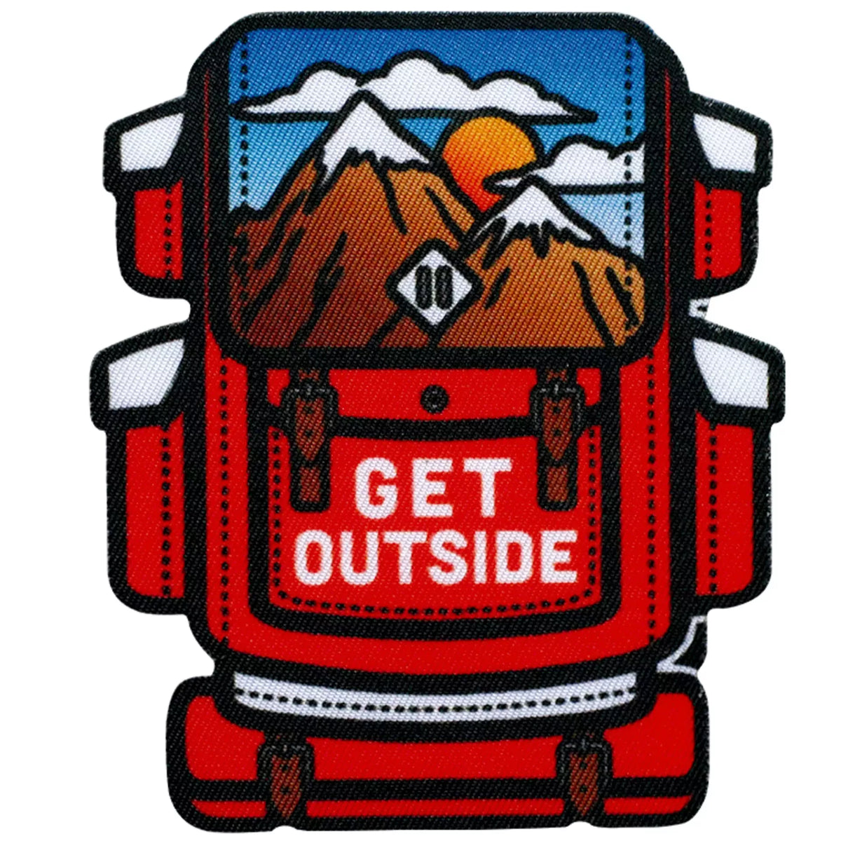 Red backpack iron-on appliqué with mountain landscape and "GET OUTSIDE" text.