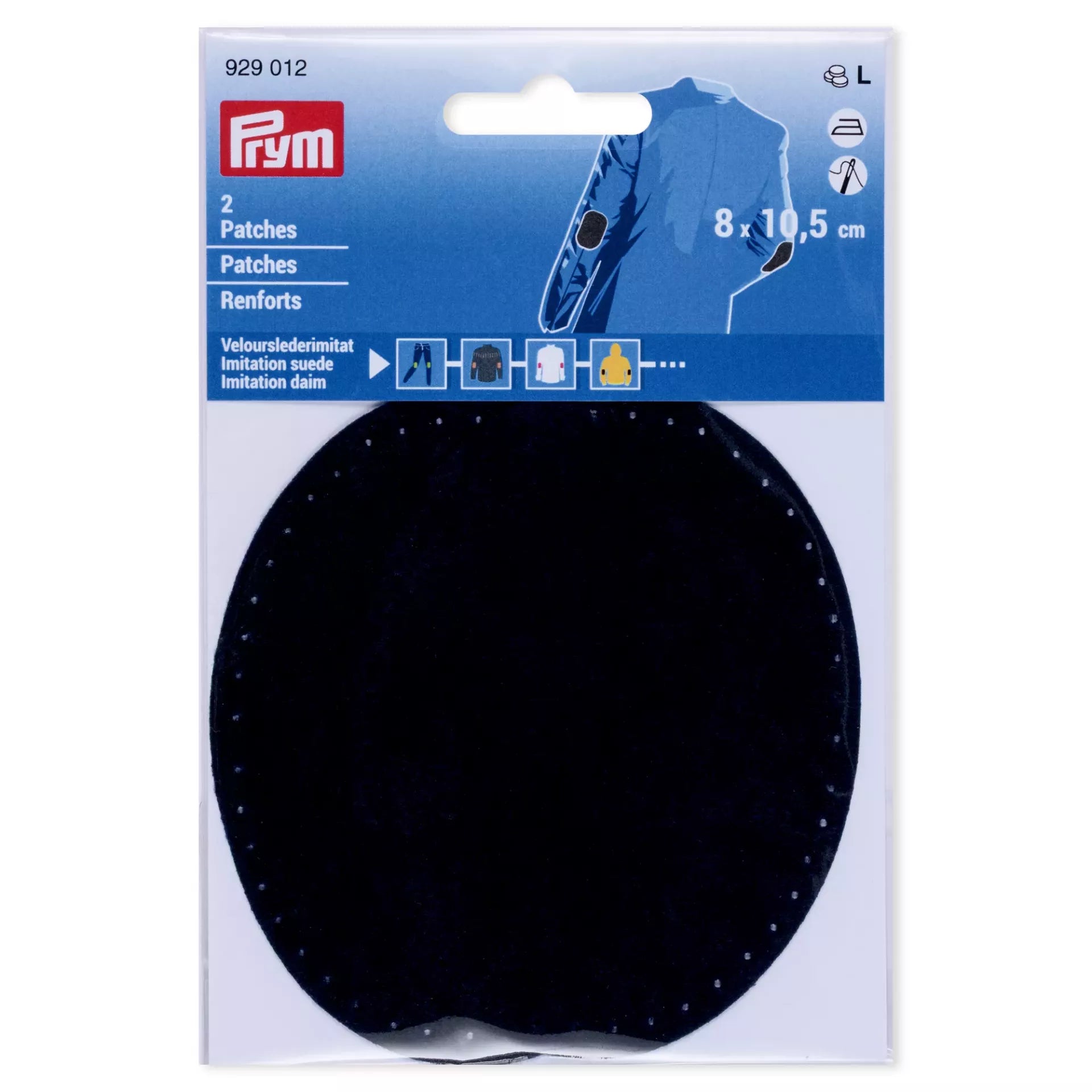 A pair of black imitation suede iron-on patches with pre-punched holes for sewing.