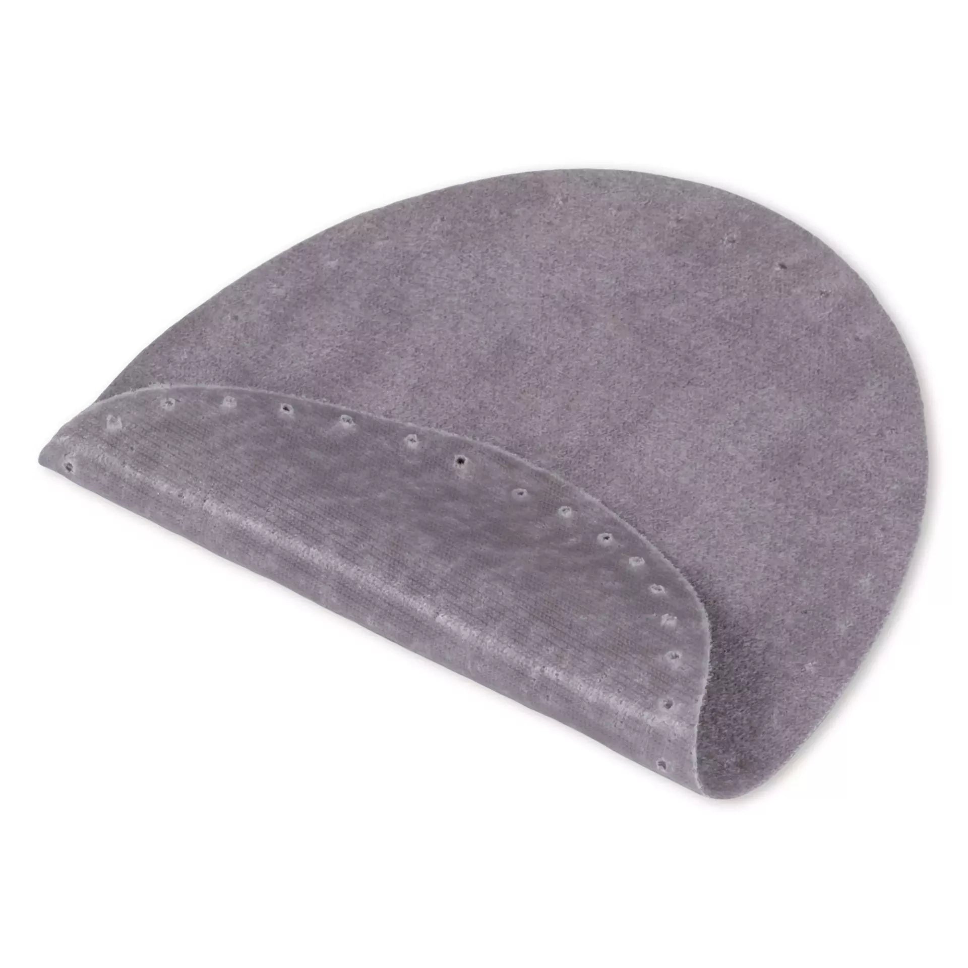 A grey, oval-shaped velour imitation leather patch with pre-punched holes along the edge.
