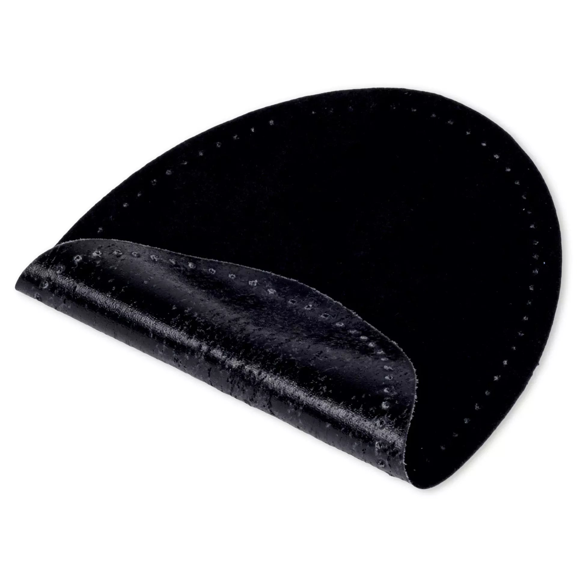 A black, oval-shaped iron-on patch with a velour finish and a pre-punched stitched border.