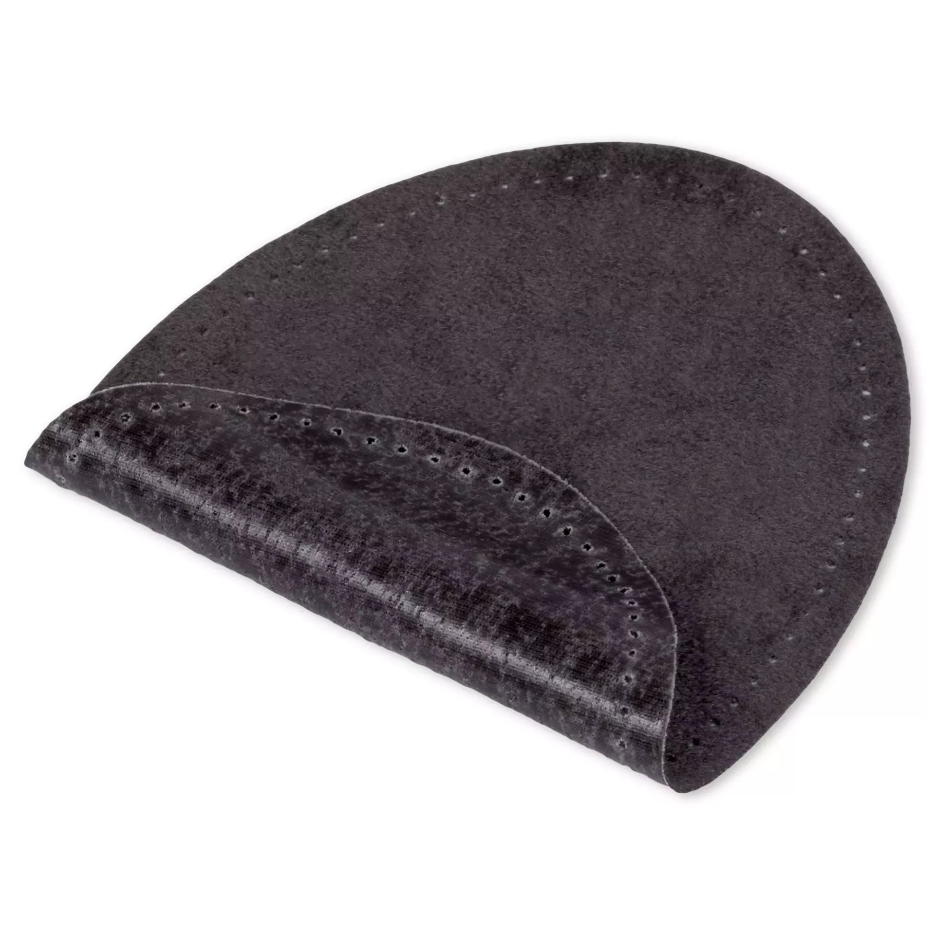 Oval black velour imitation leather iron-on patch with pre-punched stitching holes.