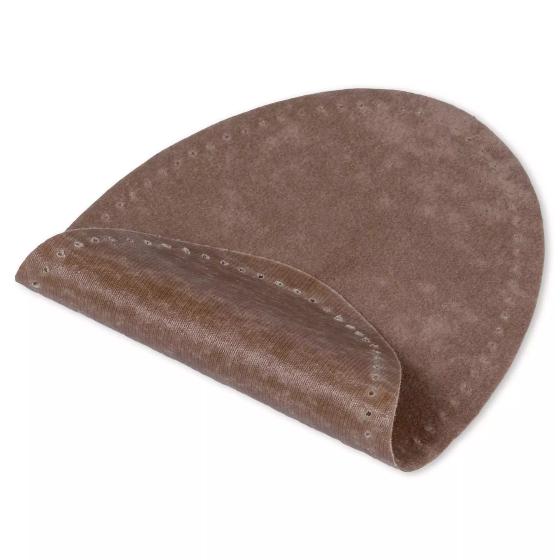 An oval-shaped brown velour iron-on patch with pre-punched holes along the edge.