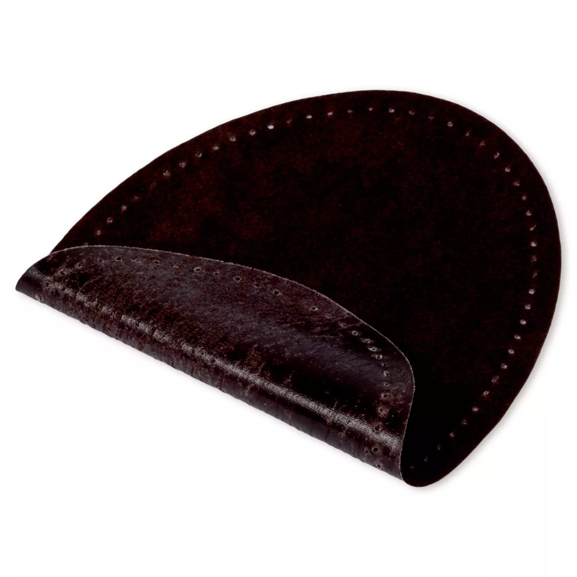 A dark brown, semi-circular iron-on patch made of velour imitation leather with pre-punched holes.