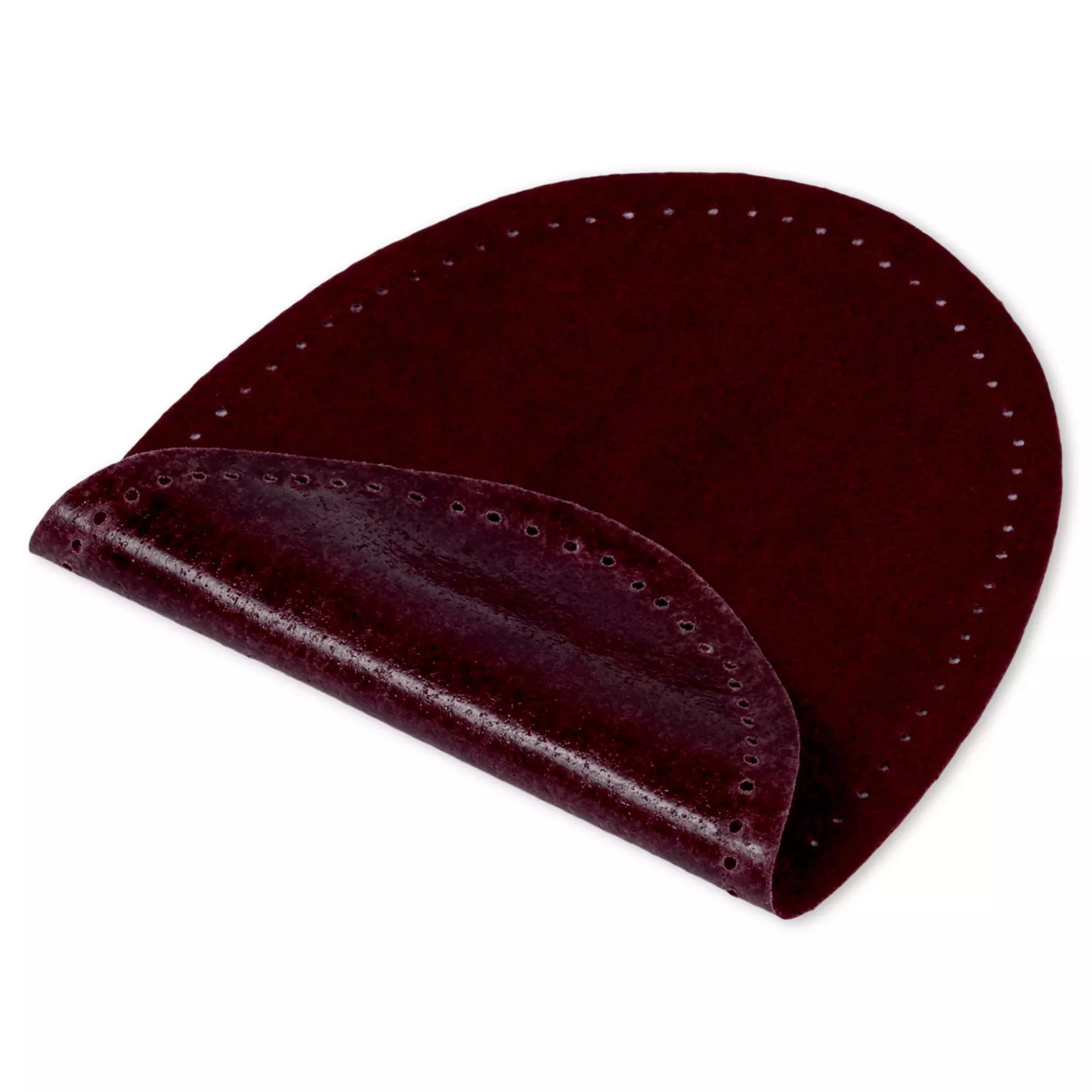 A dark burgundy, oval-shaped iron-on patch made of velour imitation leather with pre-punched holes.