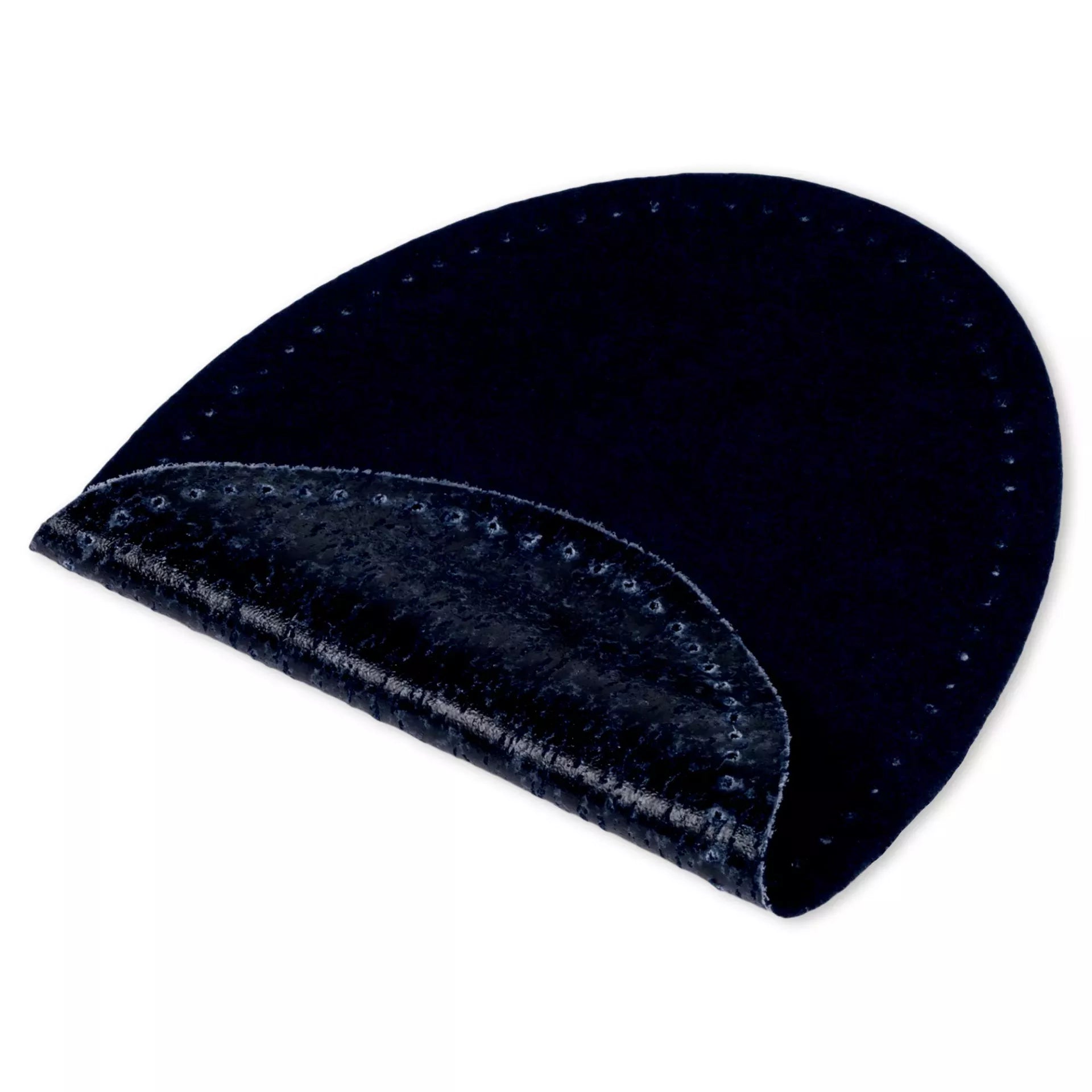 A dark blue, semi-circular iron-on patch made of velour and imitation leather with pre-punched holes.