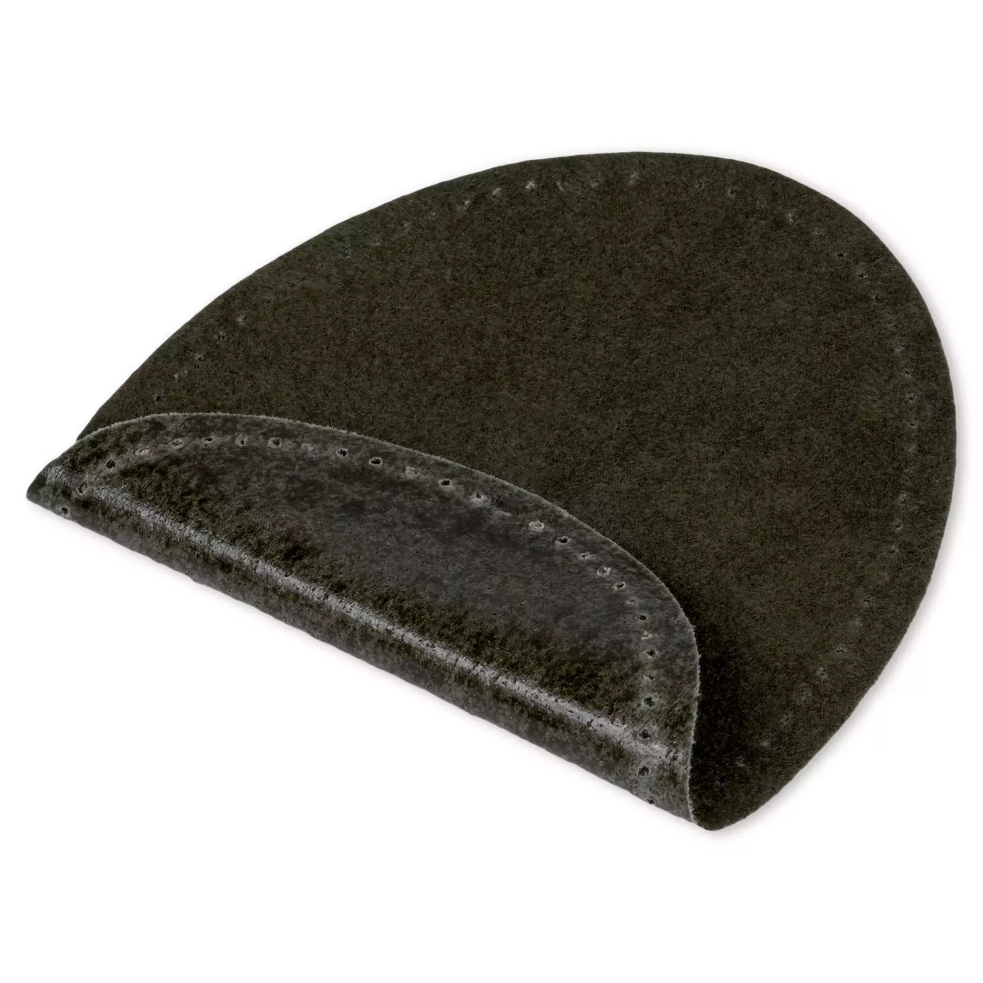 An oval-shaped iron-on patch made of dark green velour and imitation leather with pre-punched holes.