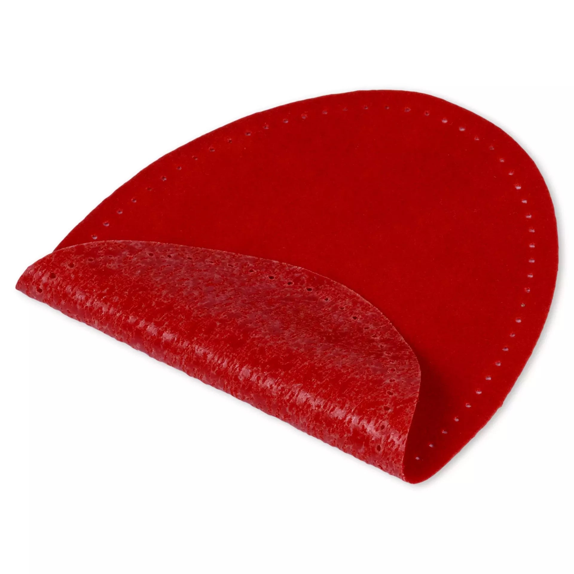 A red, oval-shaped iron-on patch with a velour finish and pre-punched stitching holes.