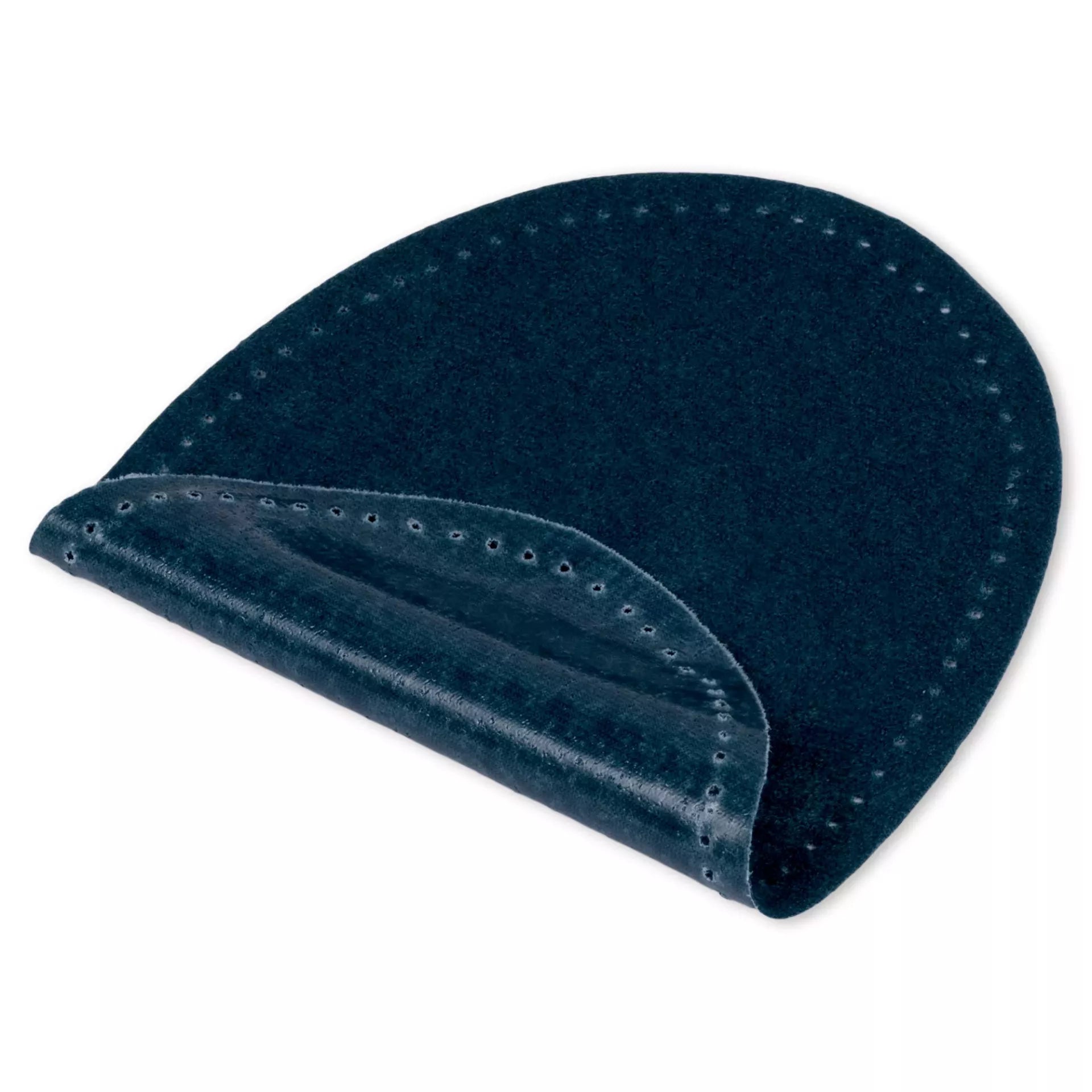A dark blue, oval-shaped velour imitation leather patch with pre-punched holes along the edge.