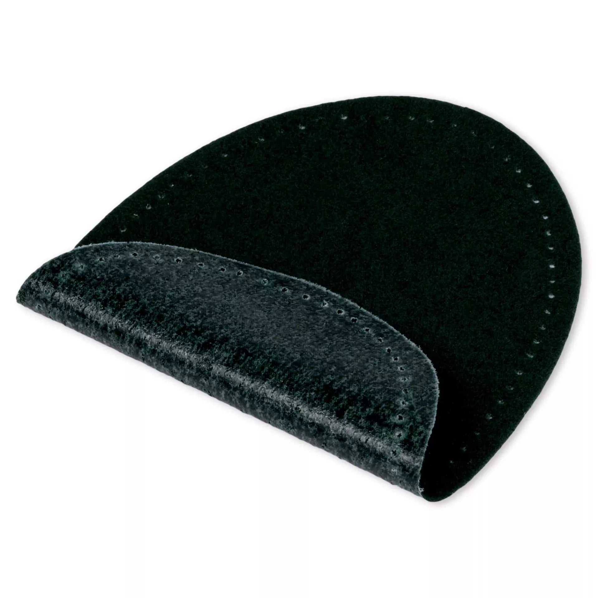 A black, oval-shaped iron-on patch made of velour imitation leather with pre-punched seam holes.
