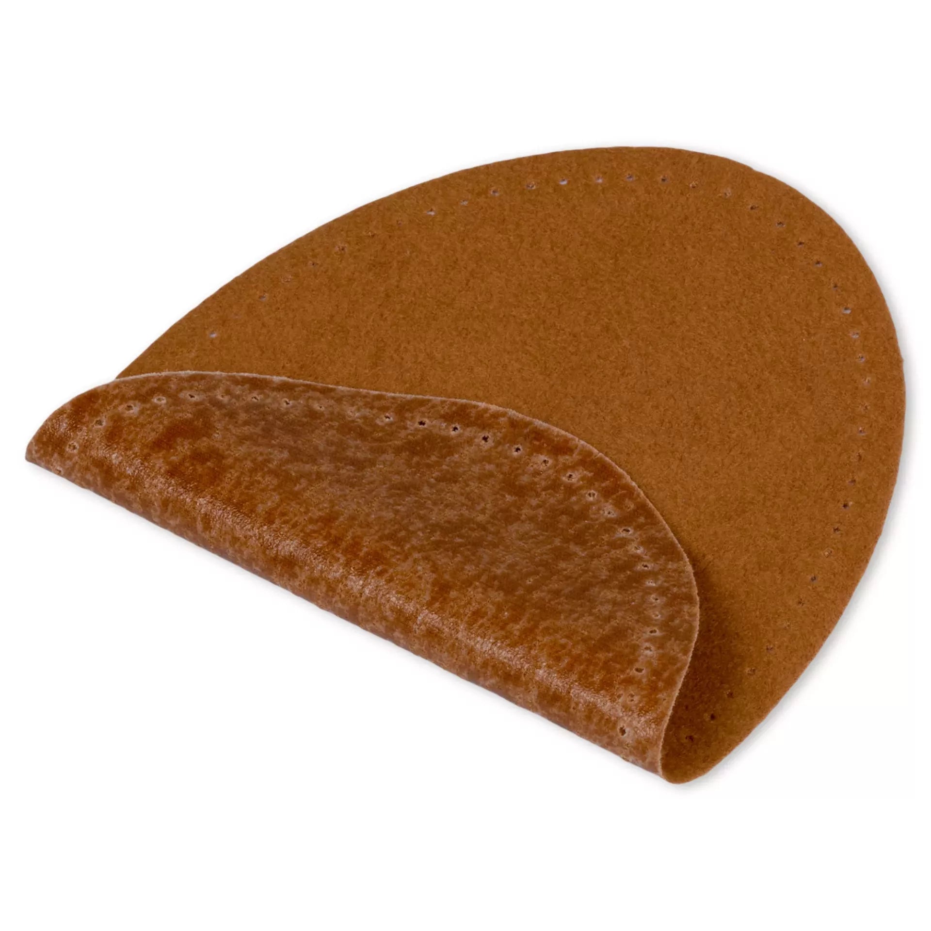 Brown velour imitation leather iron-on patch with pre-punched seam holes and a folded corner.