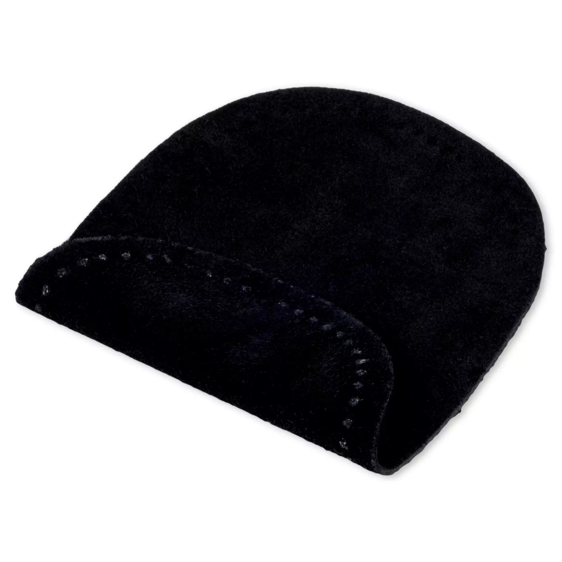A pair of black oval suede sew-on patches with pre-punched holes for easy attachment.
