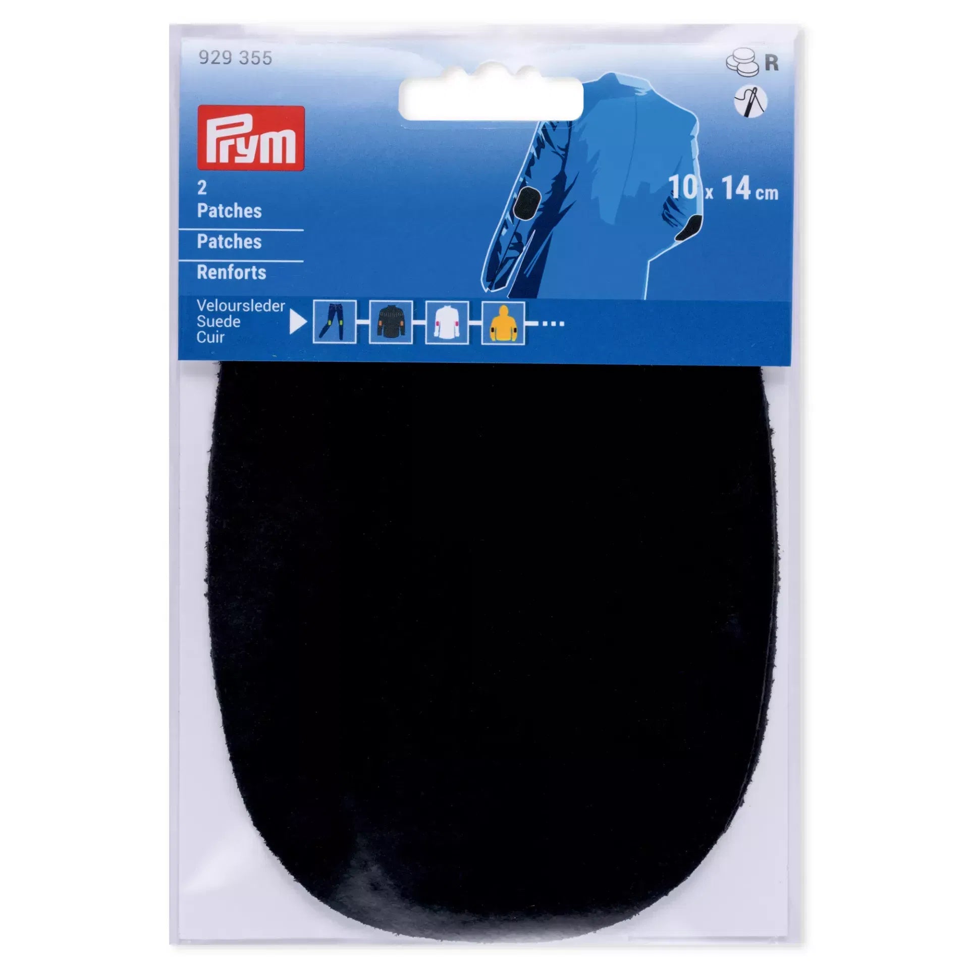 A pair of black oval suede sew-on patches for elbows or knees in their original packaging.