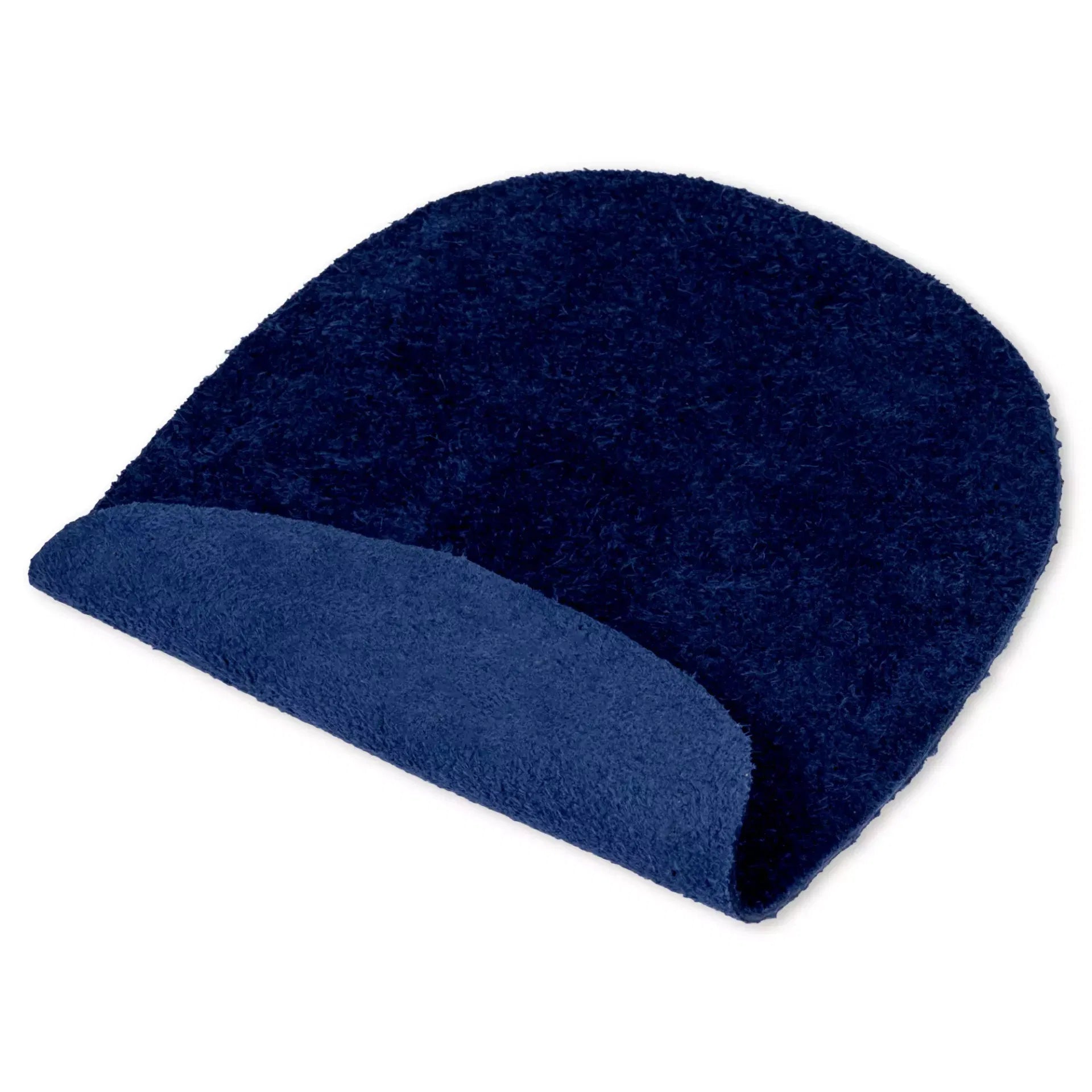 Two oval navy blue suede sew-on patches with pre-punched holes for easy application.