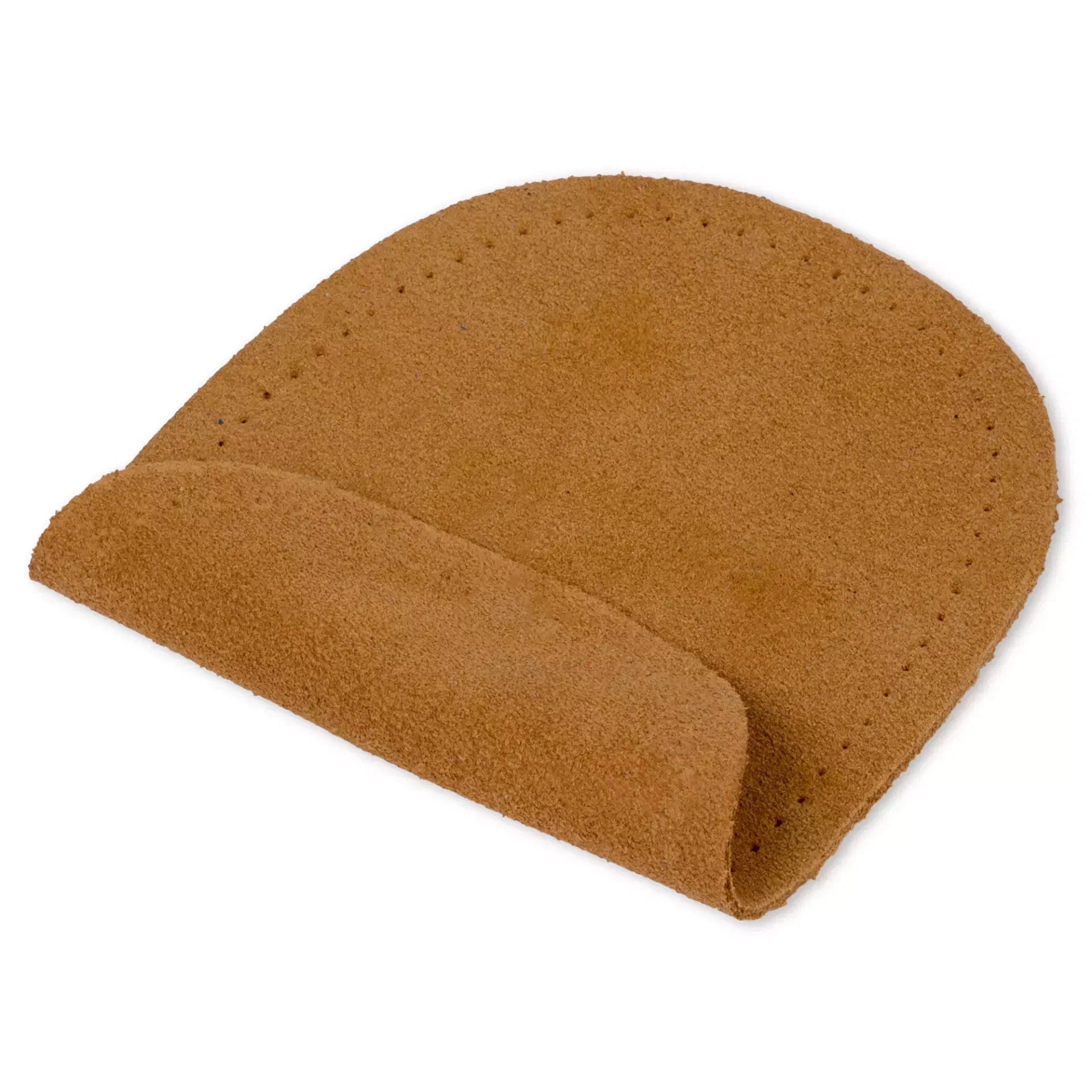 A pair of oval, tan suede sew-on patches with pre-punched holes for easy stitching.
