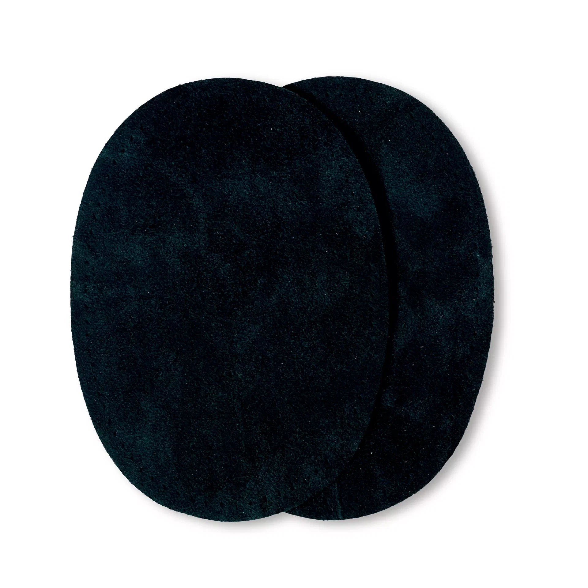 Two oval, black velour imitation leather iron-on patches shown overlapping on a white background.