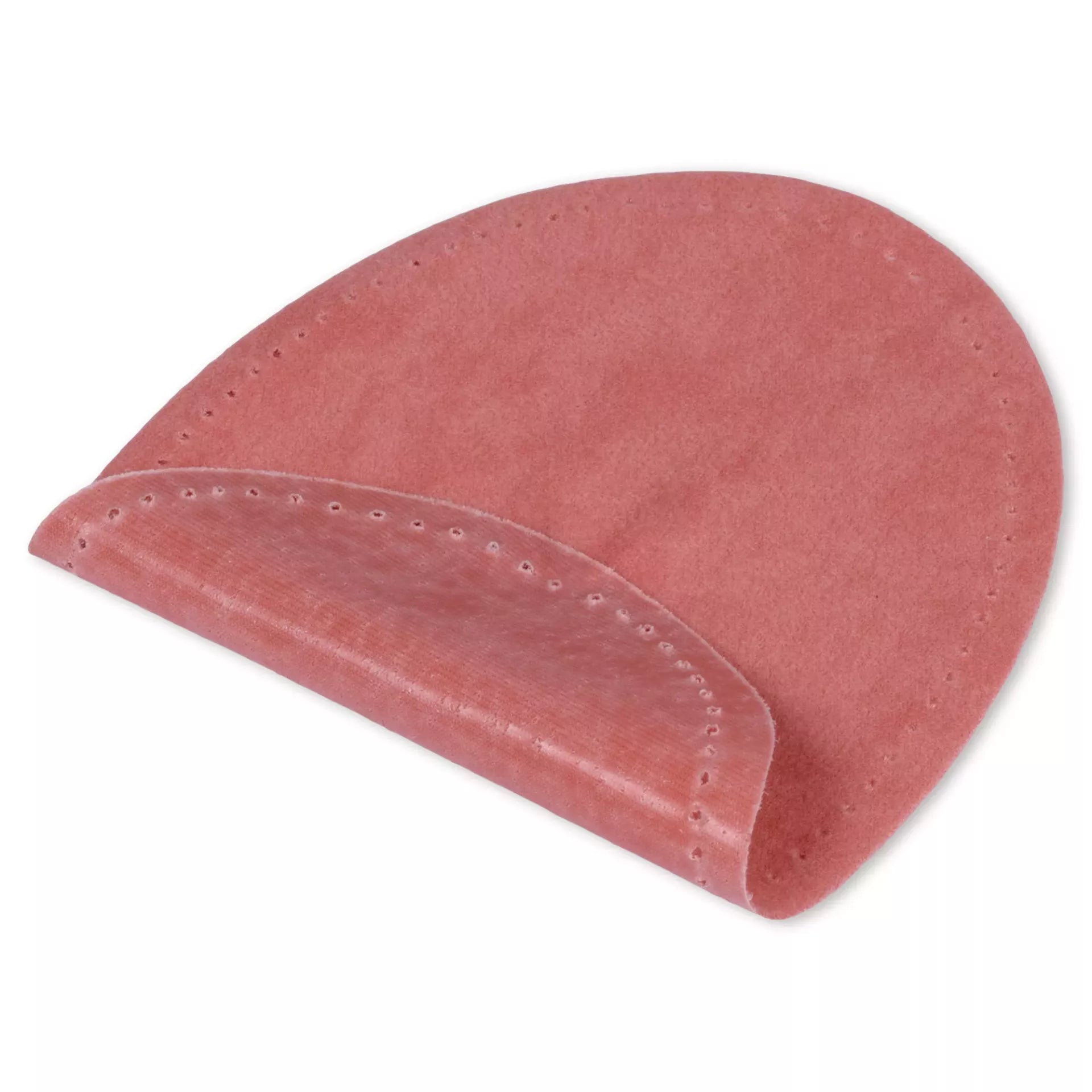 A pink, oval-shaped iron-on velour patch with pre-punched stitching holes along the edge.
