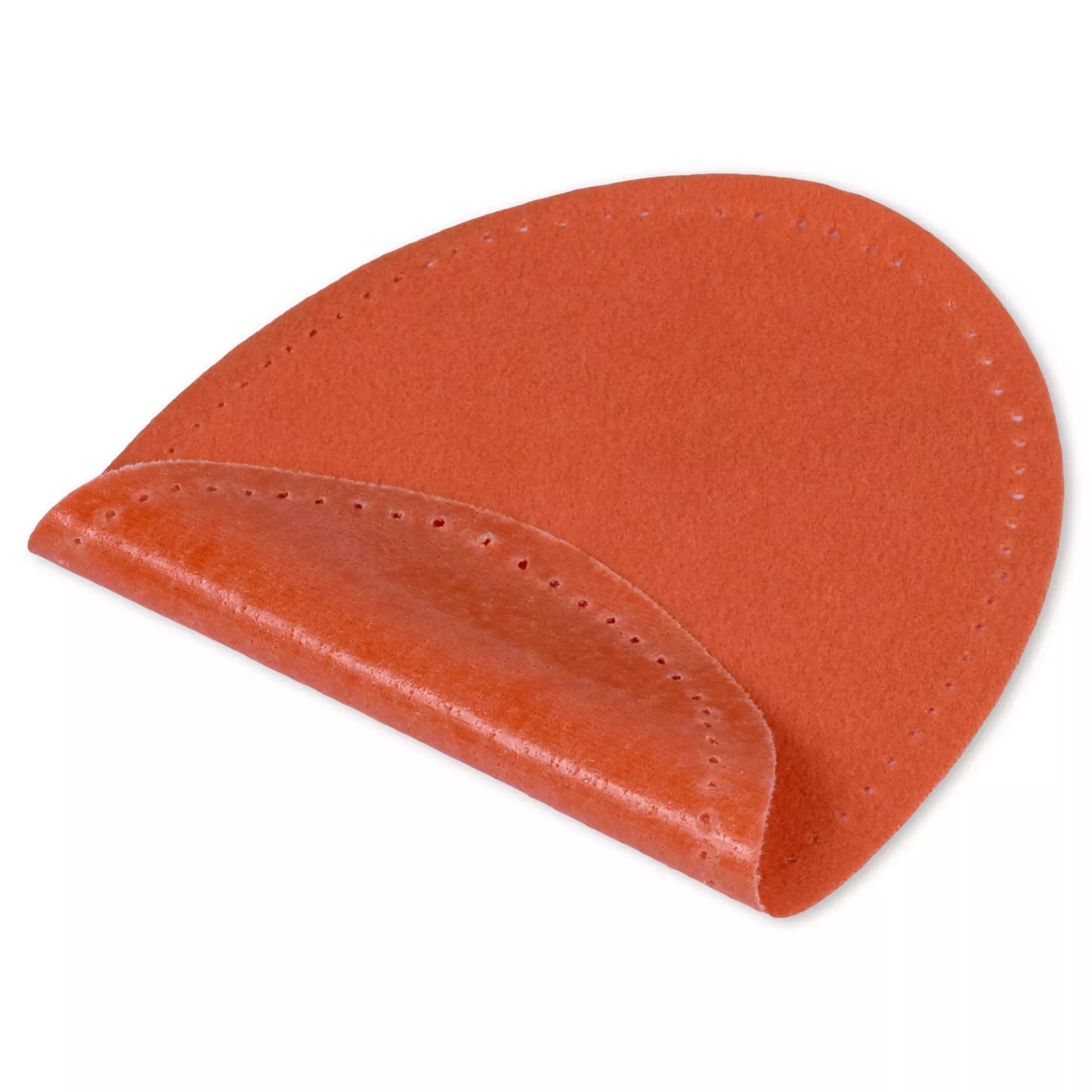 An oval-shaped, orange iron-on patch made of velour imitation leather with pre-punched seam holes.