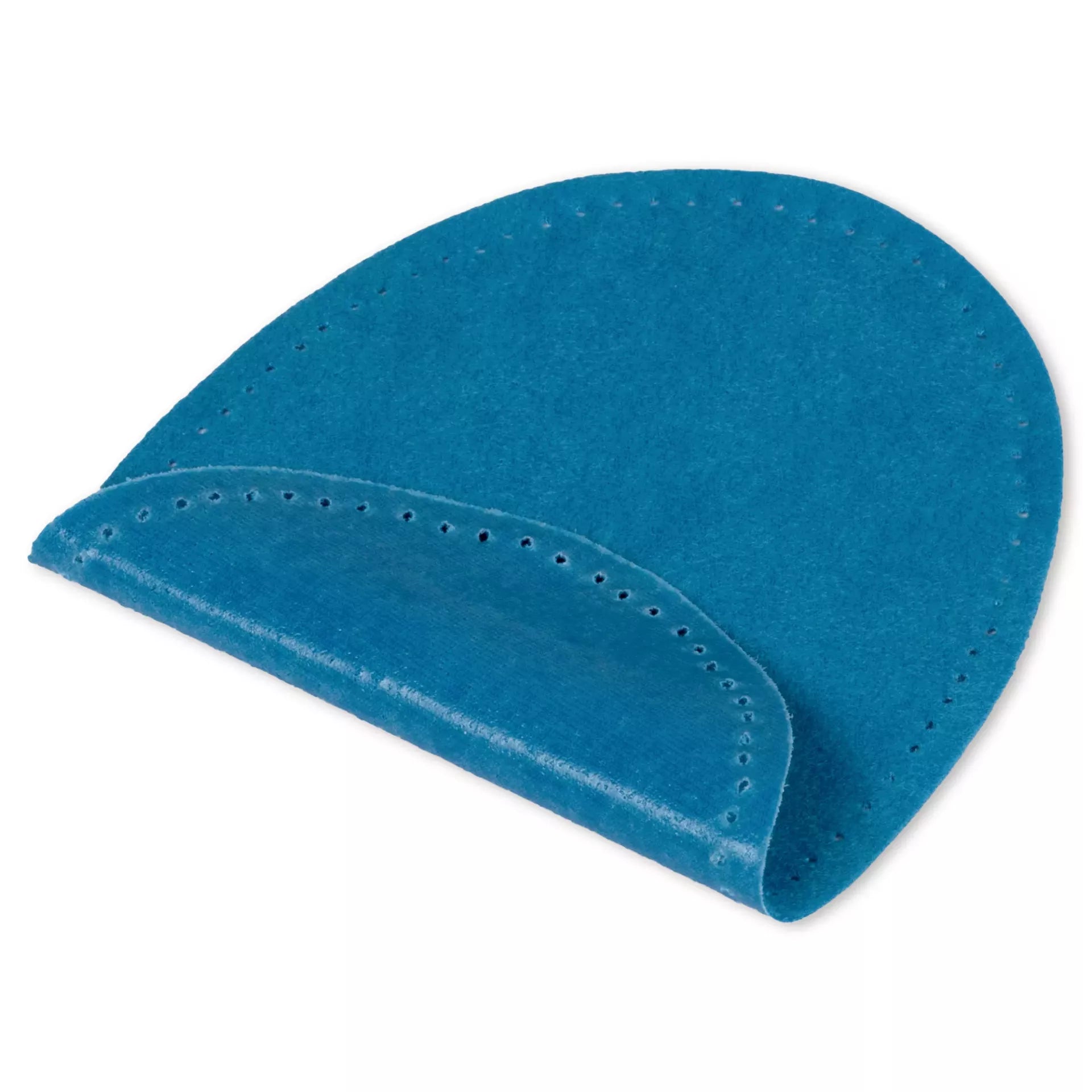 A blue, oval-shaped iron-on patch made of imitation velour leather with pre-punched seam holes.