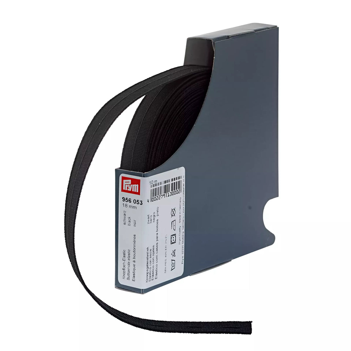 Prym 18mm black buttonhole elastic tape in a grey dispenser box.
