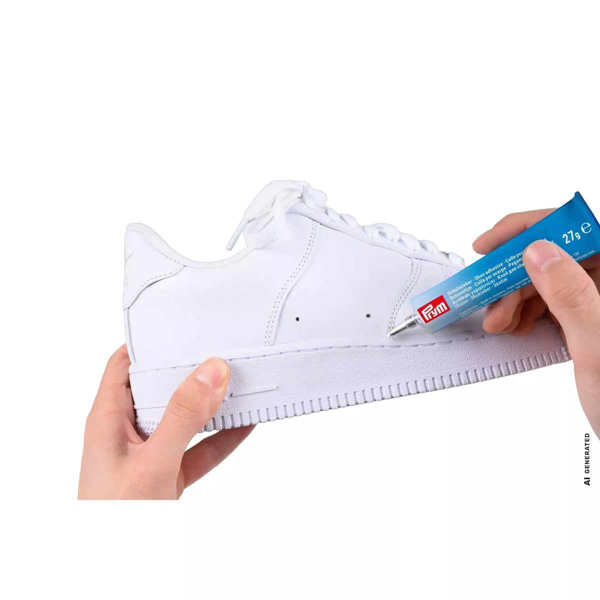 A person applying Prym shoe adhesive from a blue tube to the sole edge of a white sneaker.