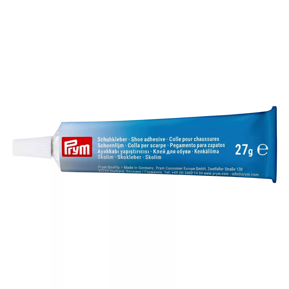 Prym 27g tube of shoe adhesive for repairing soles and edges on leather, rubber, and PVC.