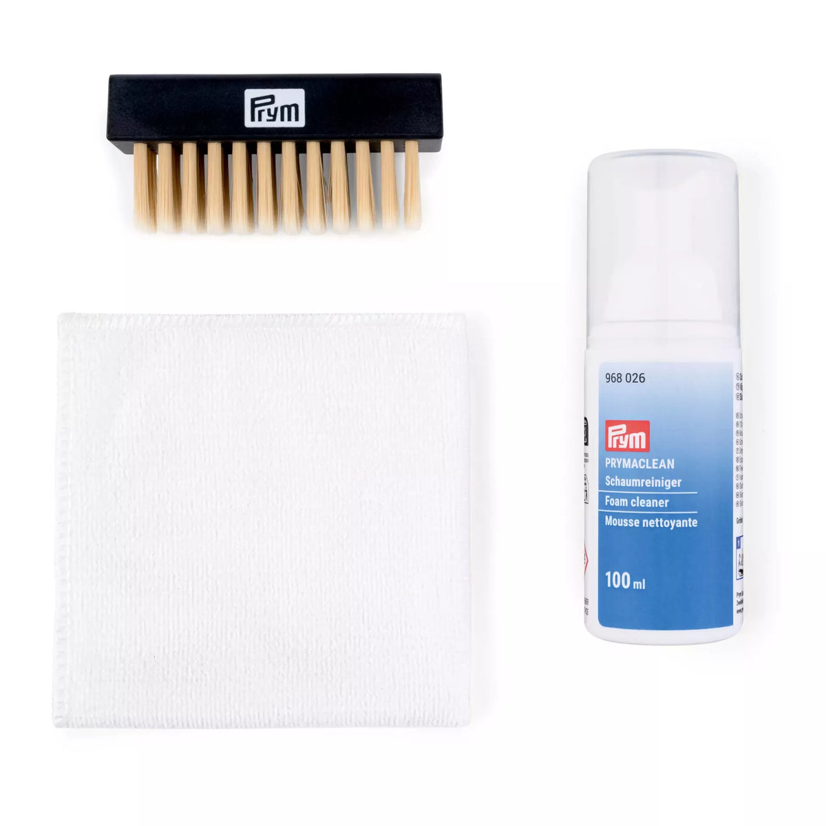 Prymaclean sneaker care set including 100ml foam cleaner, a cleaning brush, and a microfiber cloth.