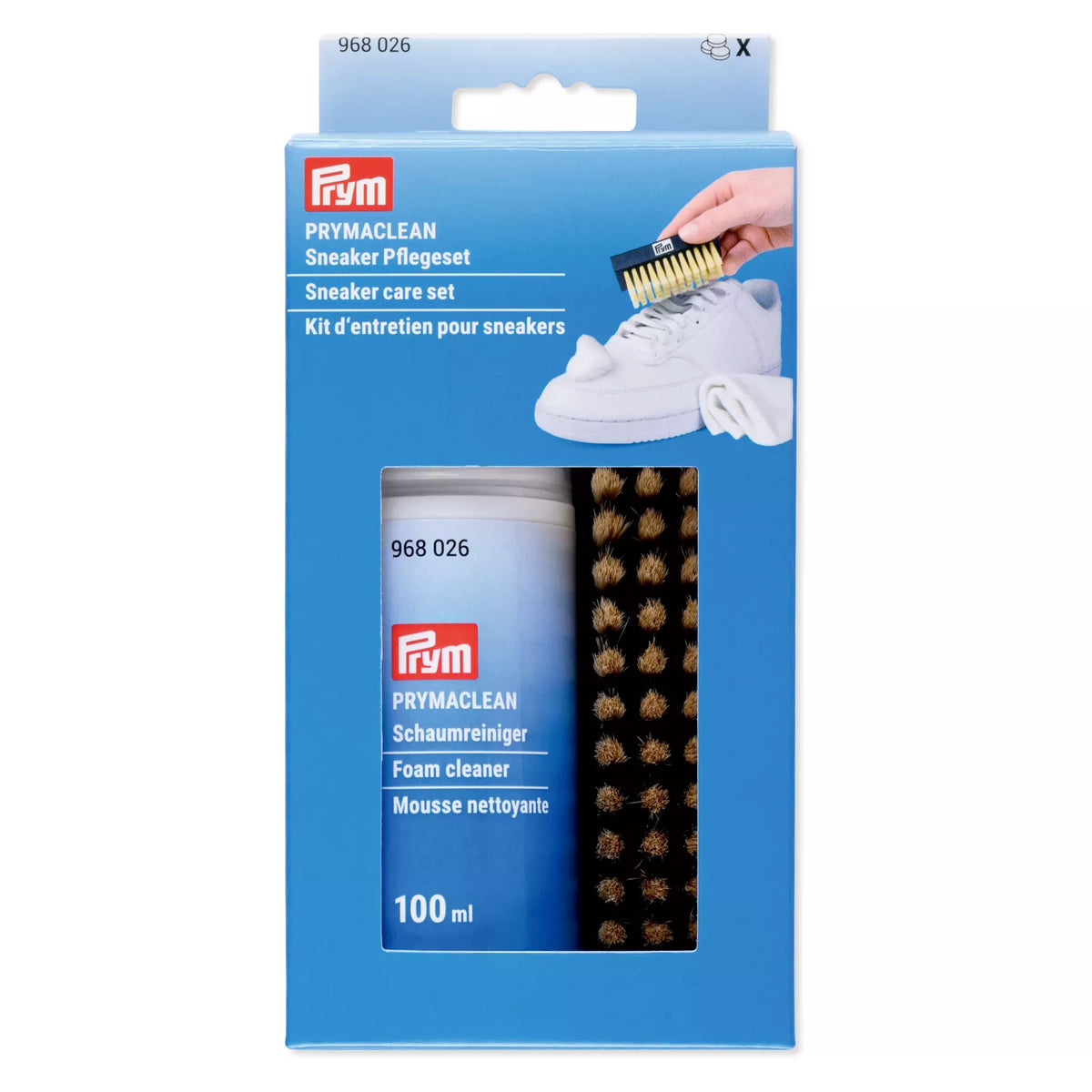 Prymaclean sneaker care set including 100ml foam cleaner, a brush, and a microfiber cloth.