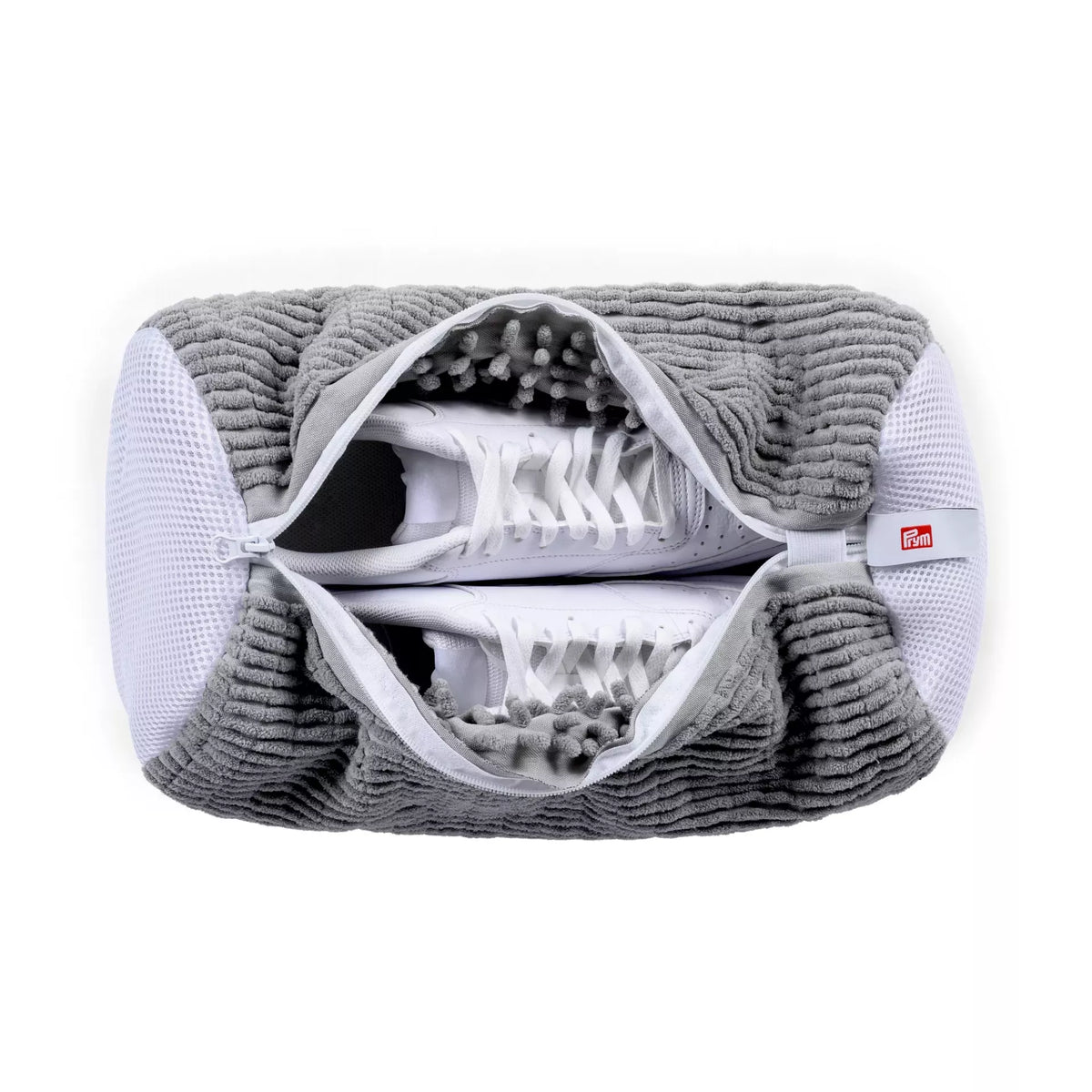 Grey chenille sneaker washing bag with a pair of white shoes inside and a zip closure.