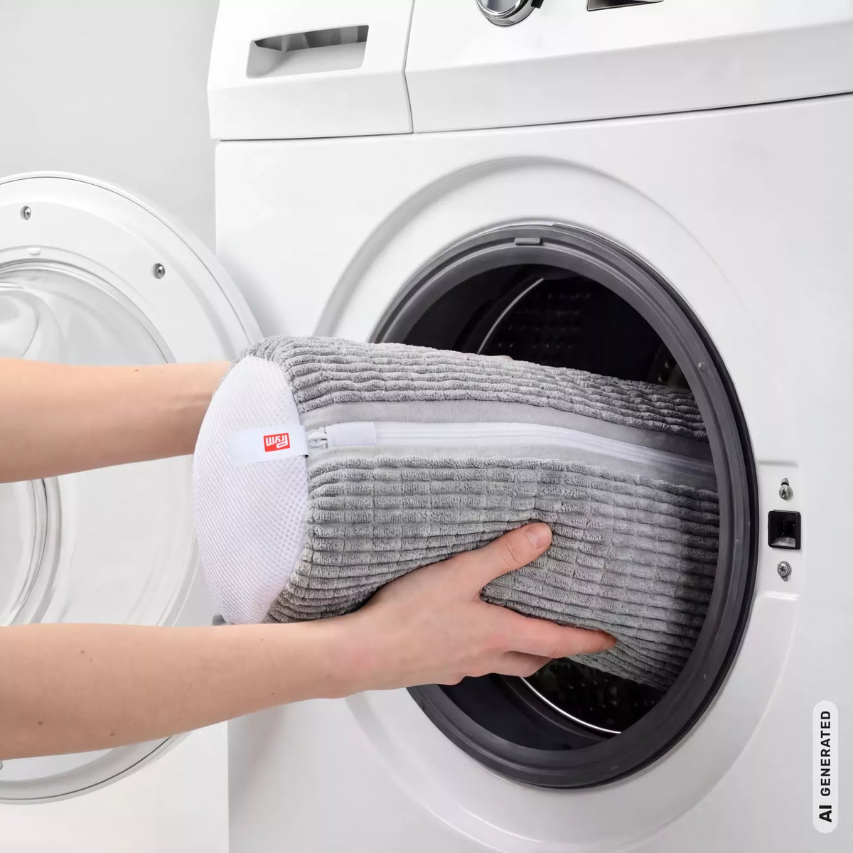 Grey chenille sneaker washing bag with zipper being placed into a white washing machine.