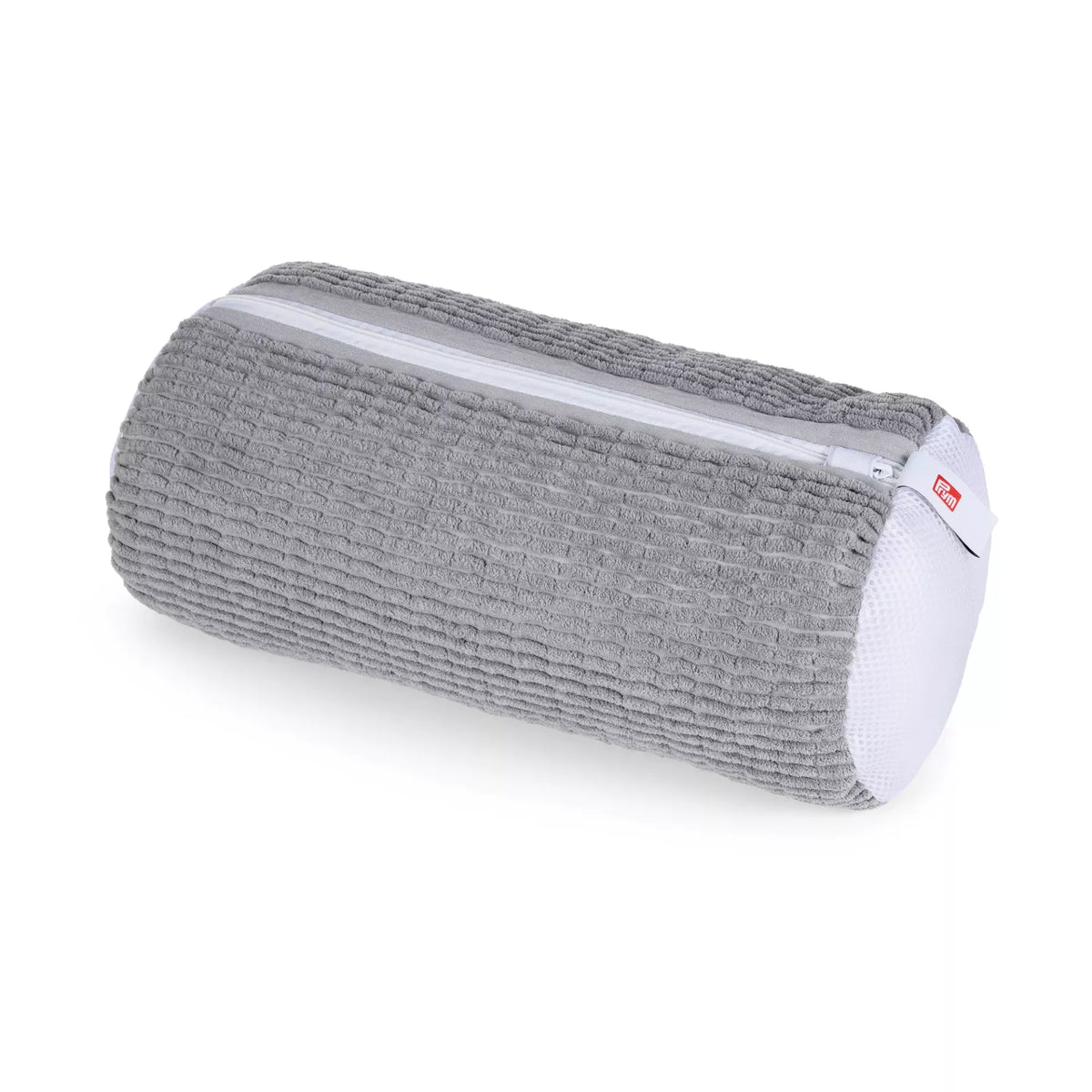 Cylindrical grey chenille sneaker washing bag with a white zipper and mesh side panel.
