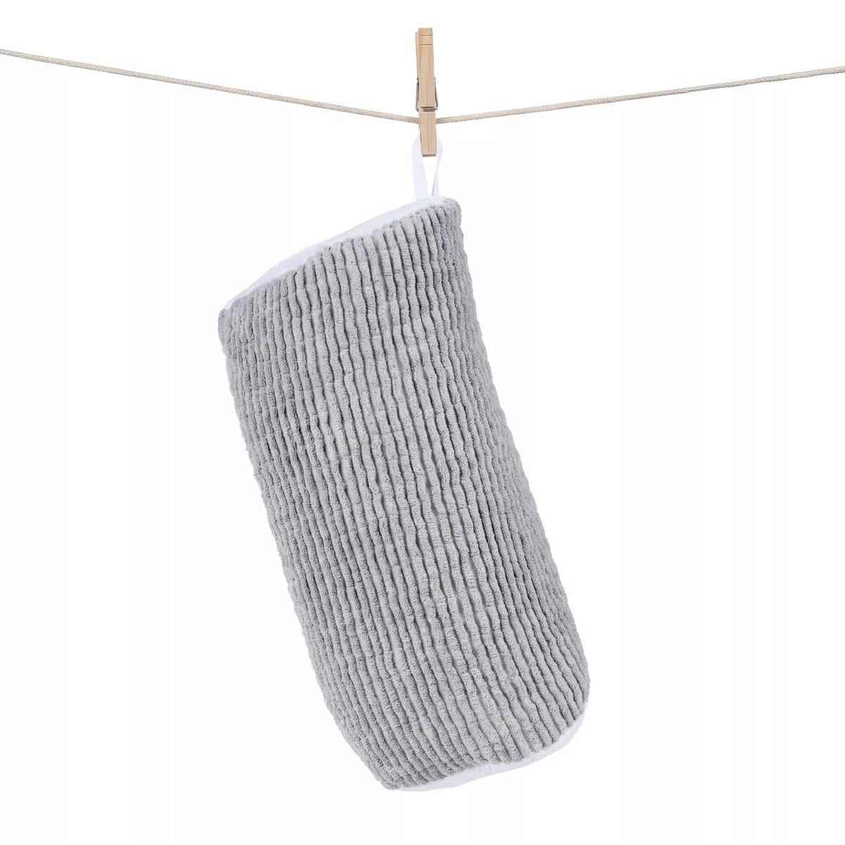 Grey chenille sneaker washing bag with a hanging loop, clipped to a clothesline.