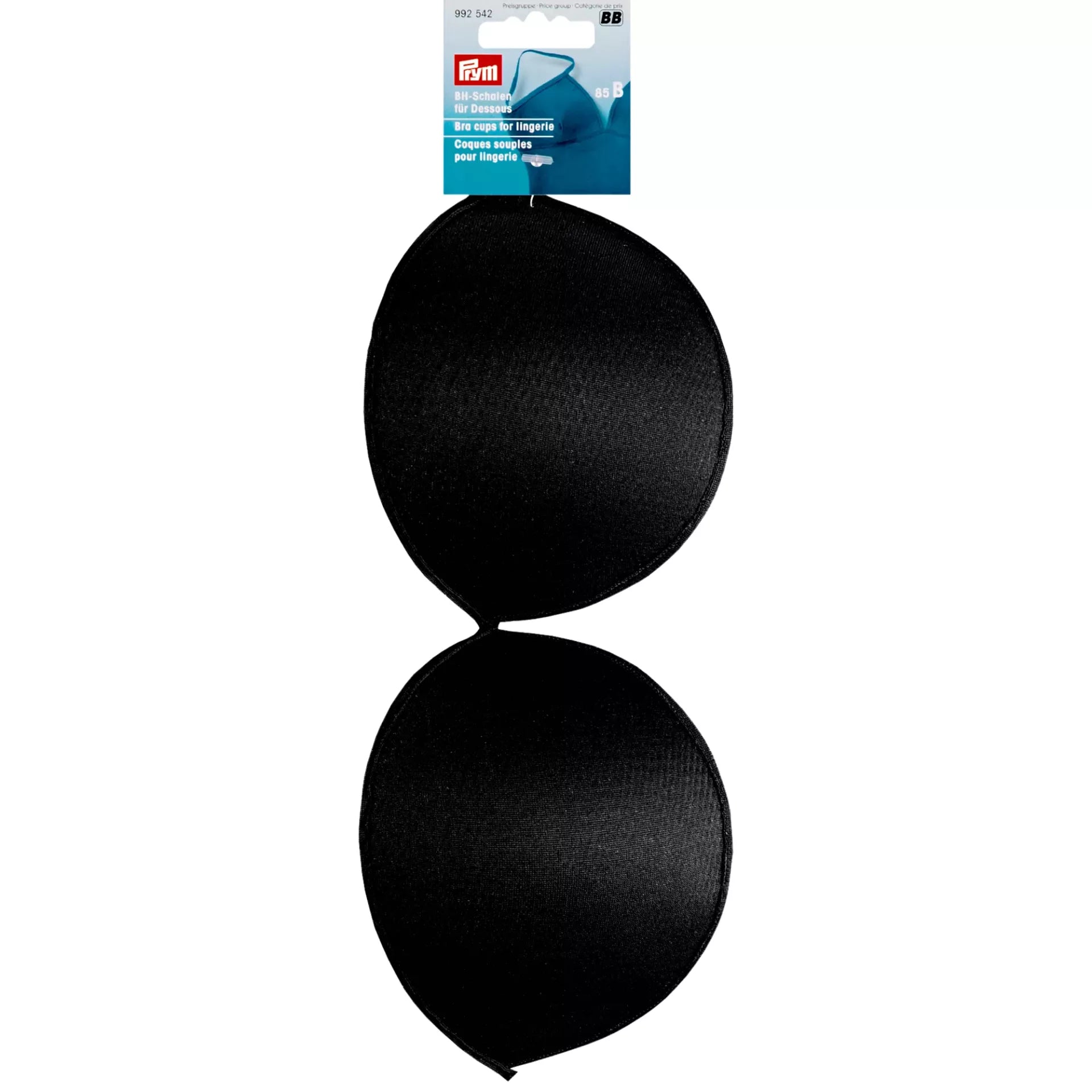 A pair of black Prym bra cups for corsetry on their original retail packaging card.