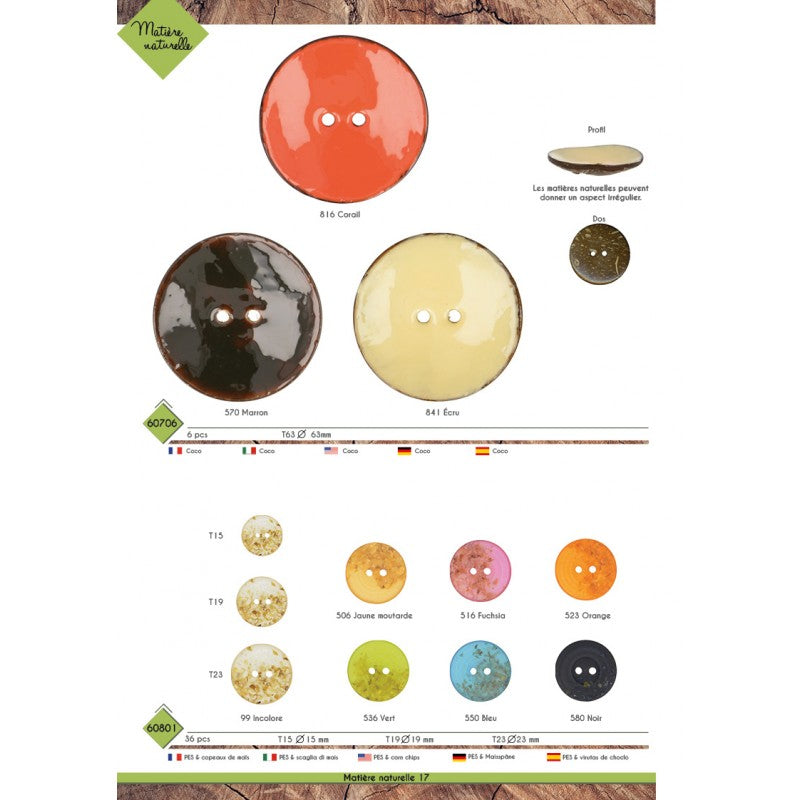 Stephanoise 2-Hole Wood Shaving Effect Buttons - 15mm, 19mm, 23mm | M60801