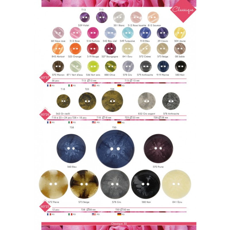 A selection of two-hole round sewing buttons in various colors, sizes, and marble-effect finishes.