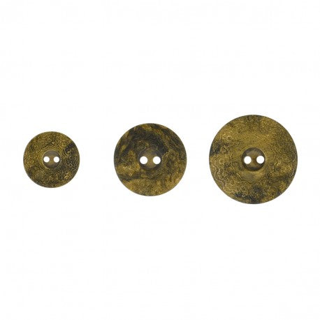 Three round, vintage-style sewing buttons in varying sizes with a textured, antique gold finish.