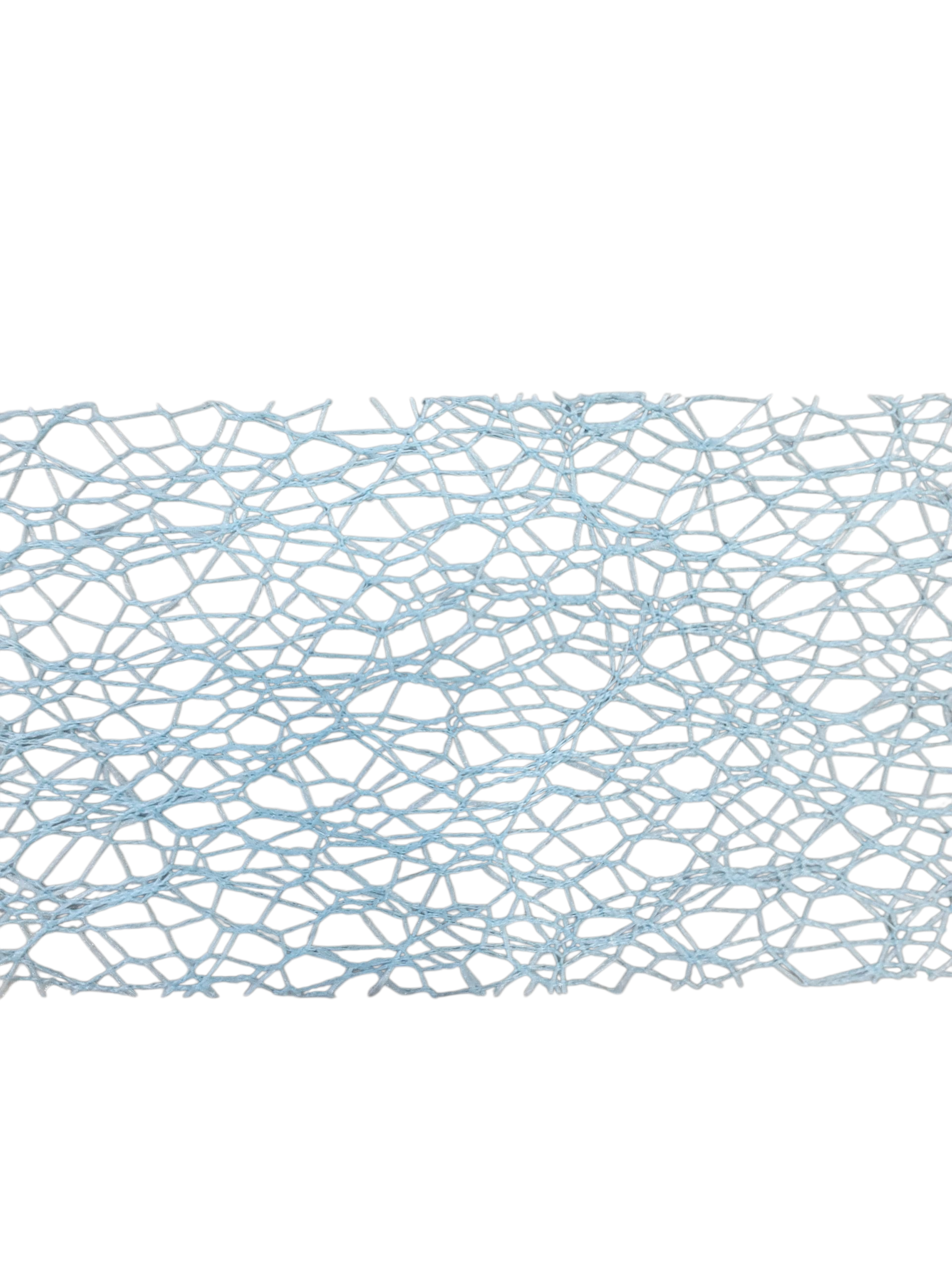 Light blue polyester mesh ribbon with an open, web-like pattern.