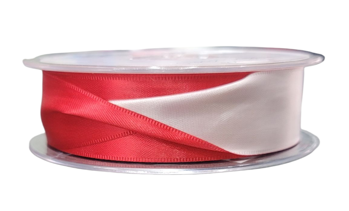 A spool of 25mm wide satin ribbon in red and white.