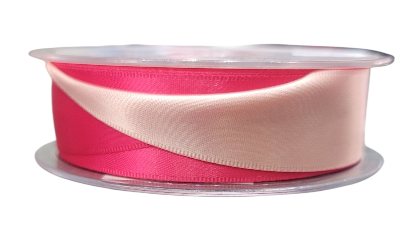 A roll of 25mm x 20m satin ribbon in pink and cream.