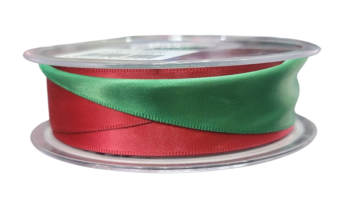 A spool of red and green double-faced satin ribbon.
