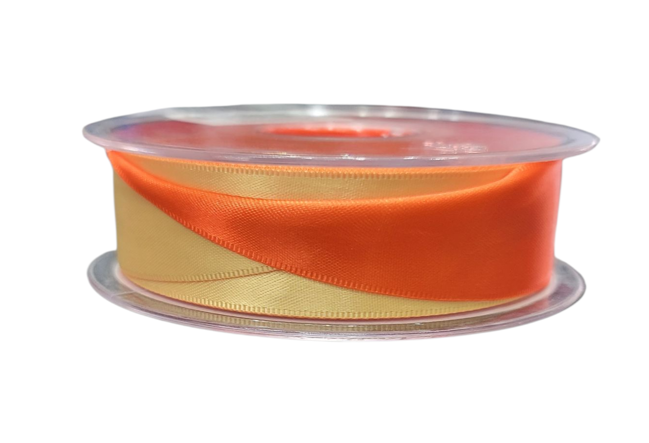 A spool of 25mm wide satin ribbon in orange and gold.