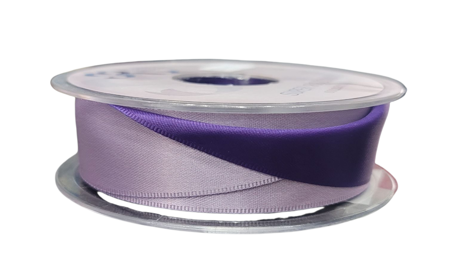 A spool of 25mm wide satin ribbon in a combination of two purple shades.