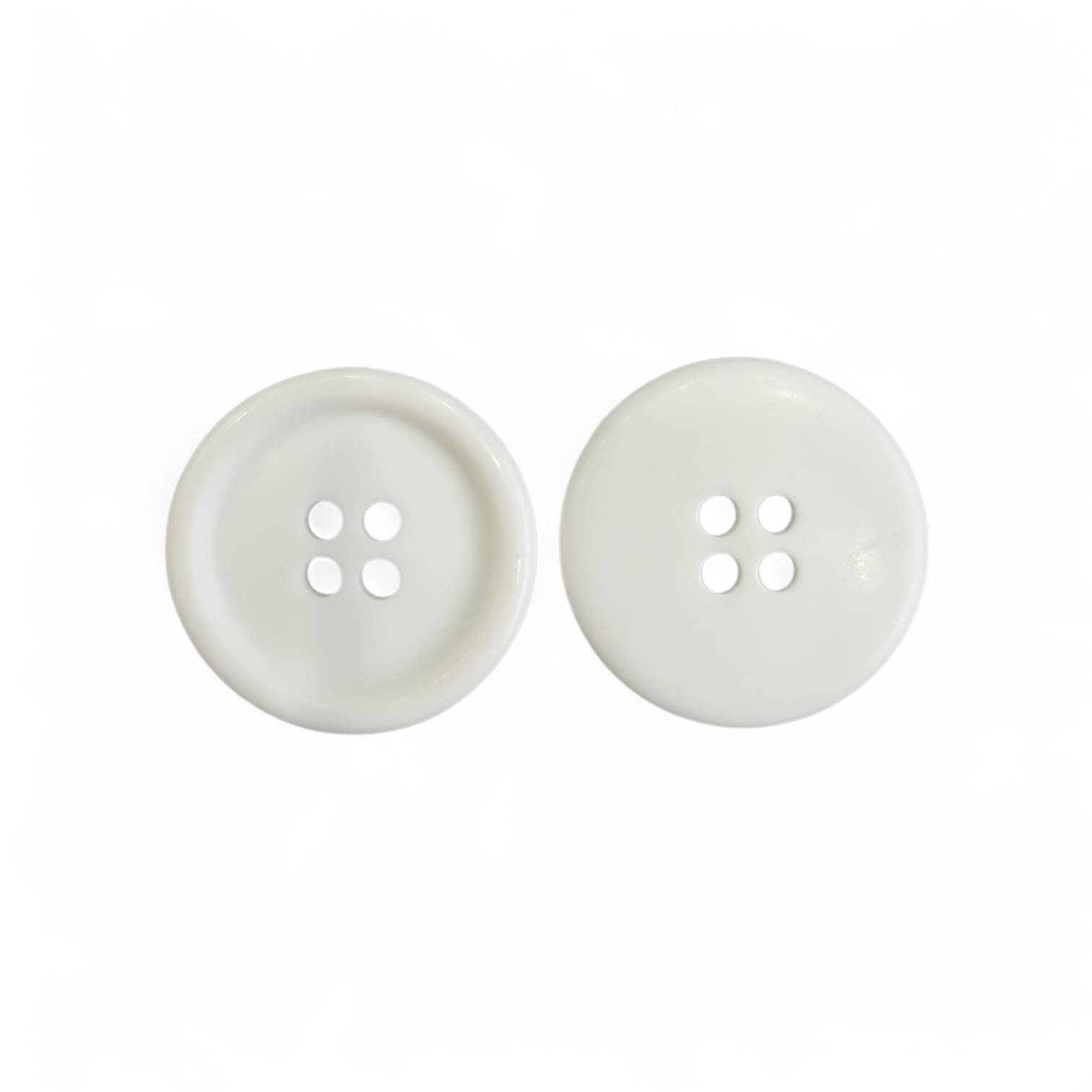 Two white 28mm four-hole polyester buttons on a white background.