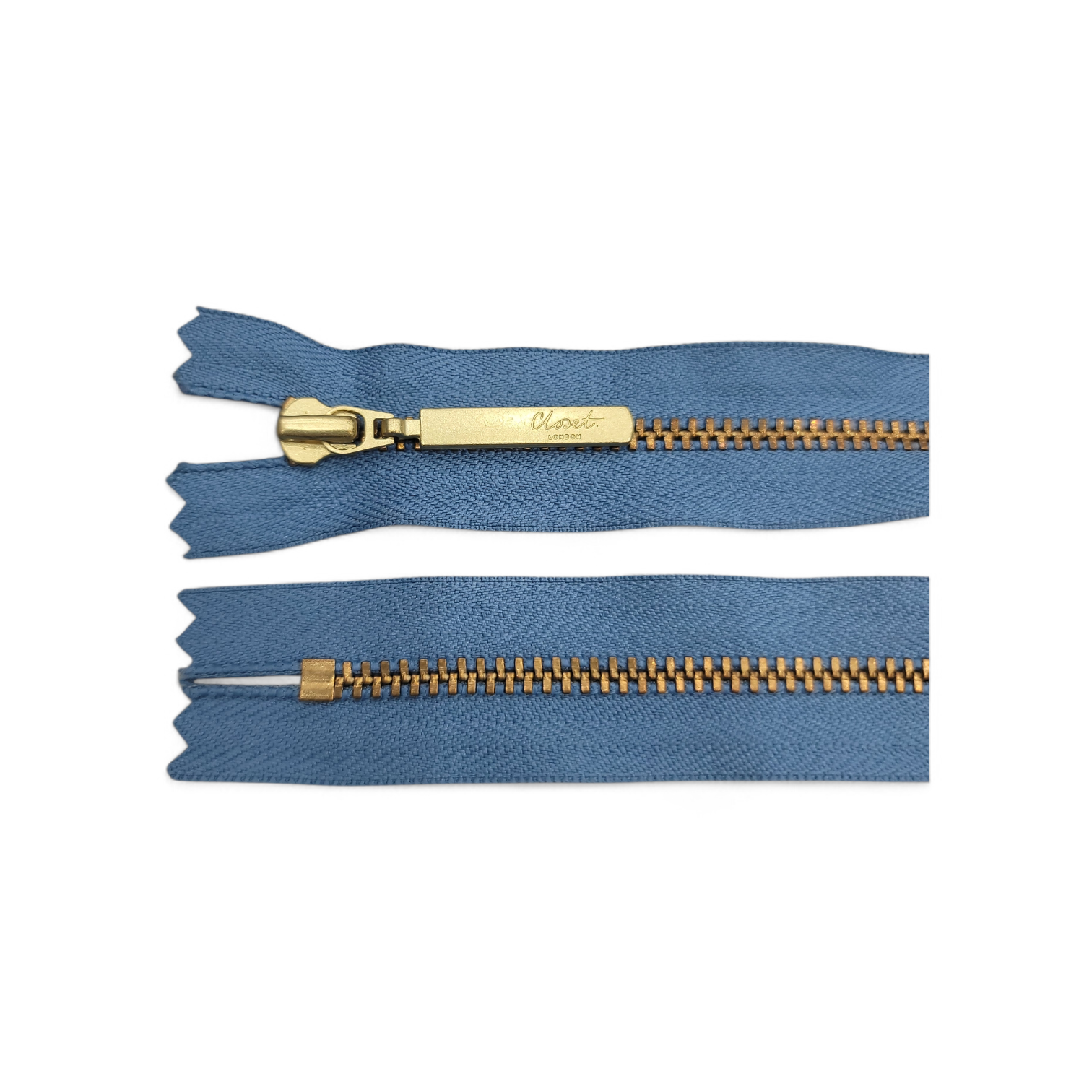 Two blue zippers with gold metal teeth and sliders on a white background.