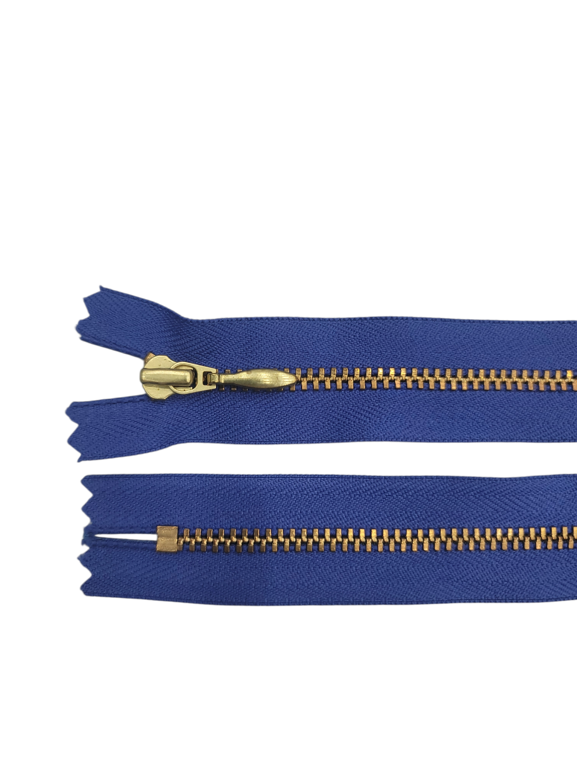 YKK size 3 closed end gold metal zip with blue fabric.