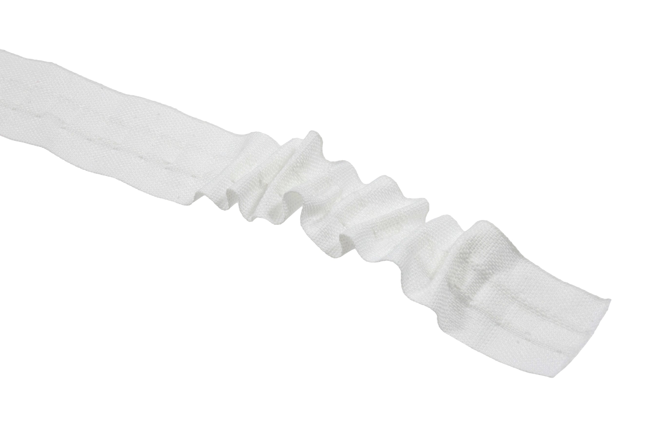 White woven pocket curtain tape with two draw cords and a single row of pockets.