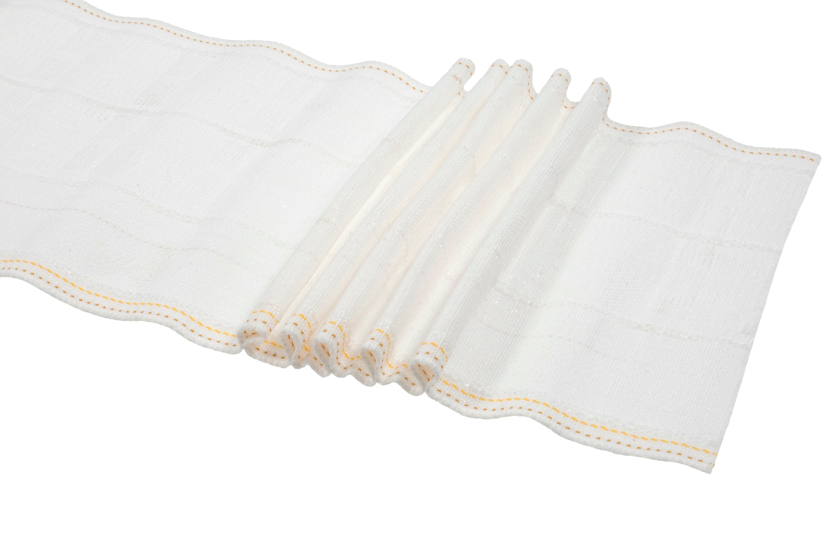 Milward 150mm white pencil pleat curtain tape with four rows of woven pockets and orange stitching.