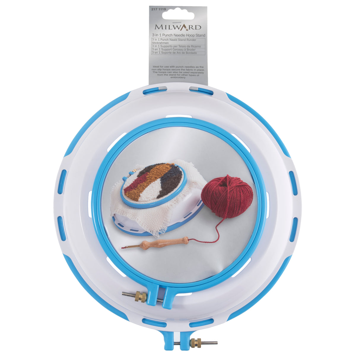 Milward 3-in-1 Punch Needle Hoop Stand with 6-inch and 9-inch blue and white non-slip hoops.