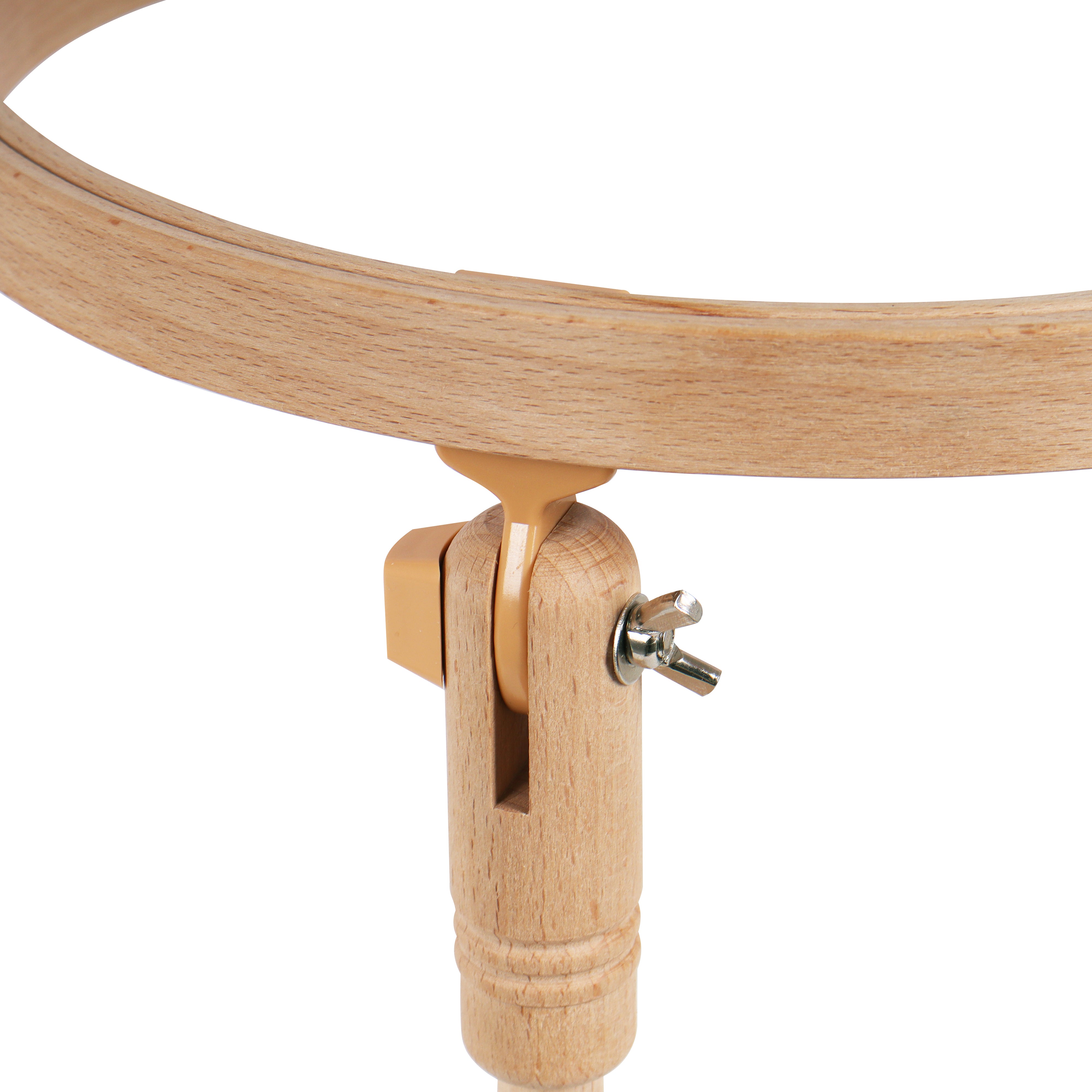 Close-up of a beech wood embroidery hoop attached to an adjustable seat frame stem with a wing nut.