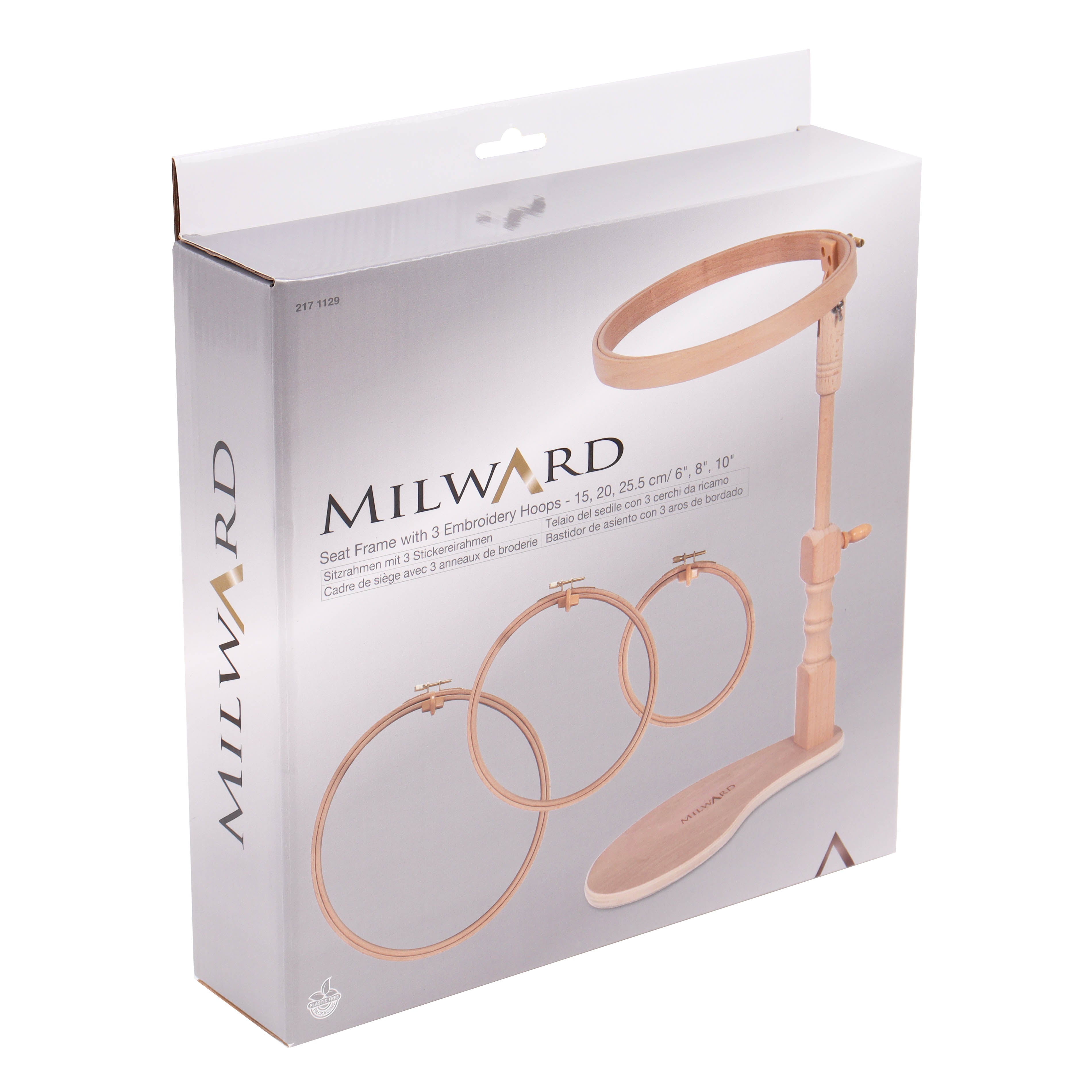 Milward beech wood seat frame with 6, 8, and 10 inch embroidery hoops in packaging.