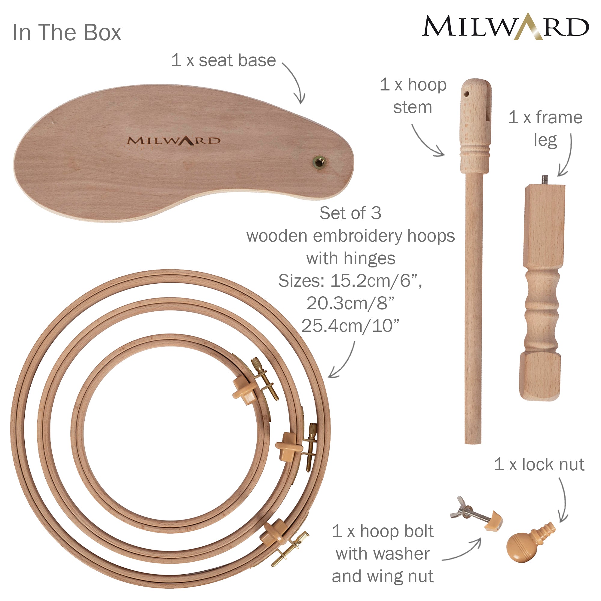Milward beech wood embroidery seat frame kit with 6, 8, and 10 inch hoops and assembly hardware.